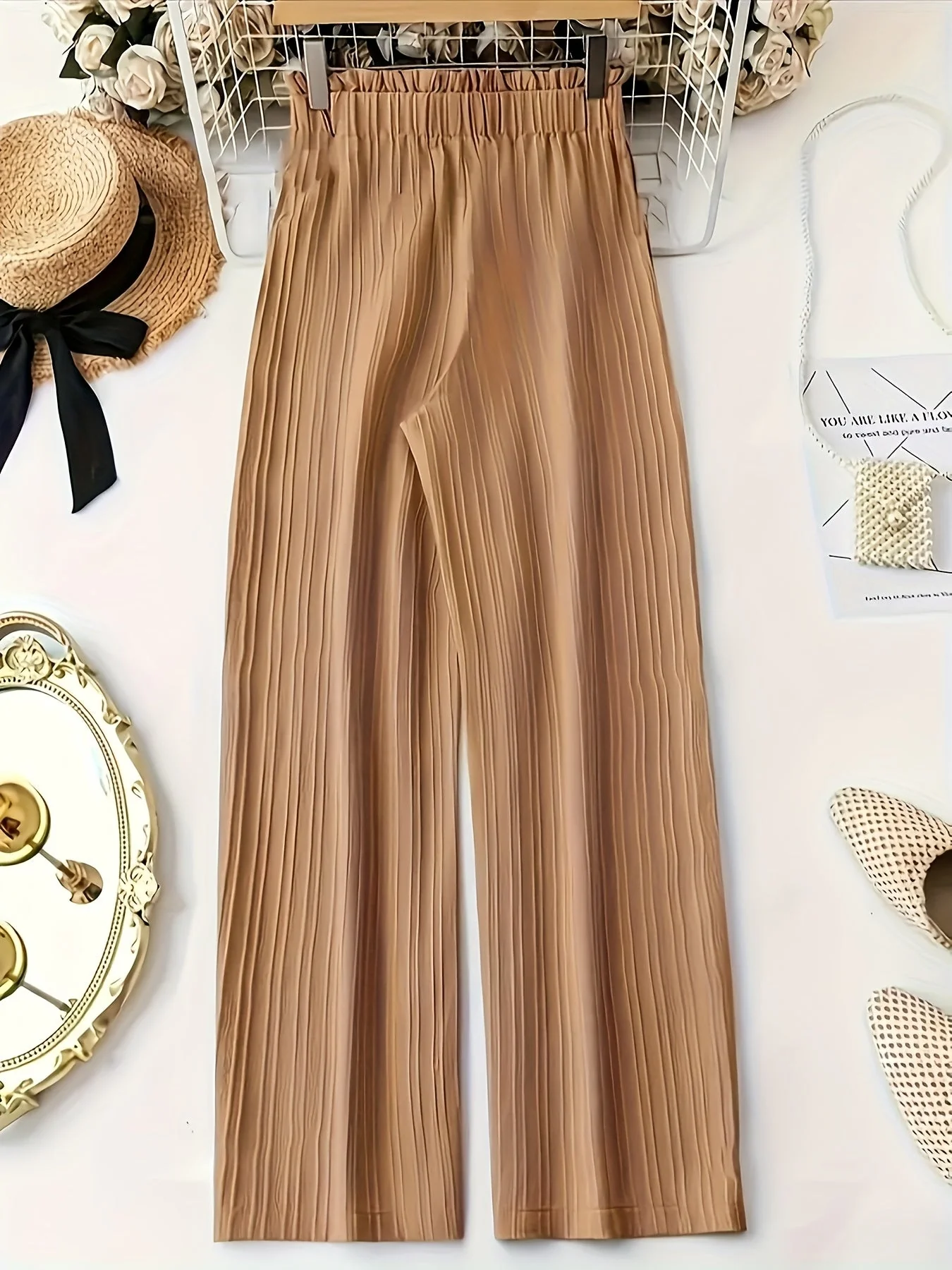Pantalon large droit à taille élastique avec ceinture nœud pour femme, style élégant décontracté - Image 7