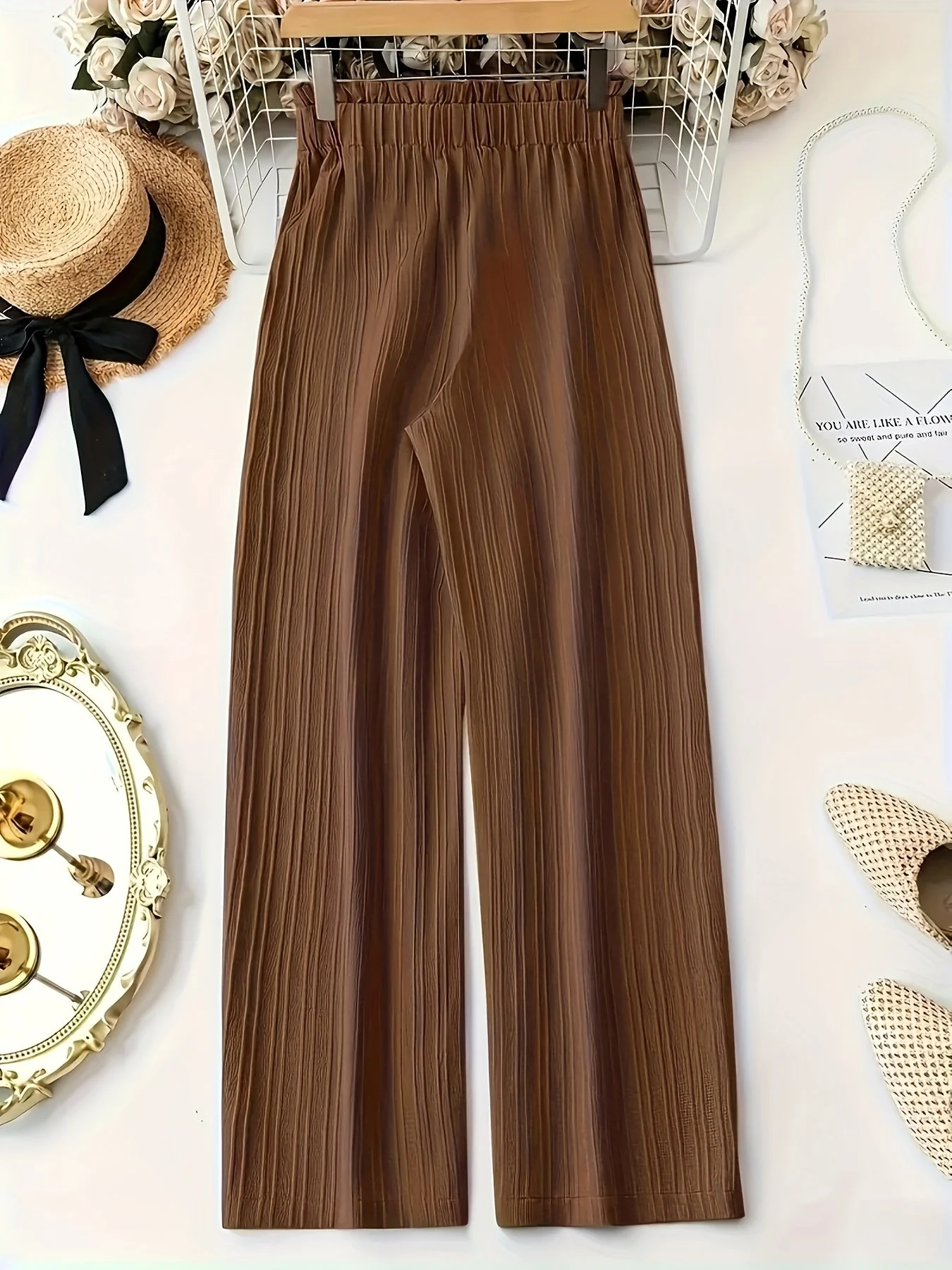 Pantalon large droit à taille élastique avec ceinture nœud pour femme, style élégant décontracté - Image 8