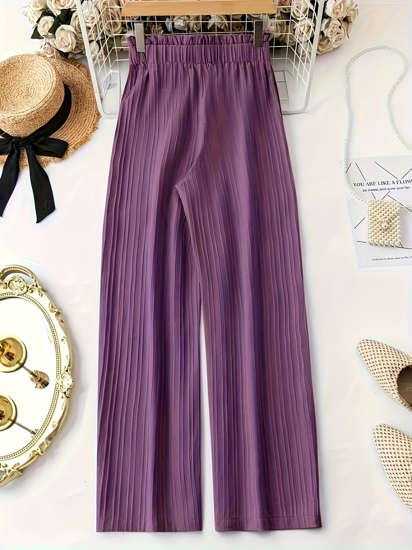 Pantalon large droit à taille élastique avec ceinture nœud pour femme, style élégant décontracté - Image 9