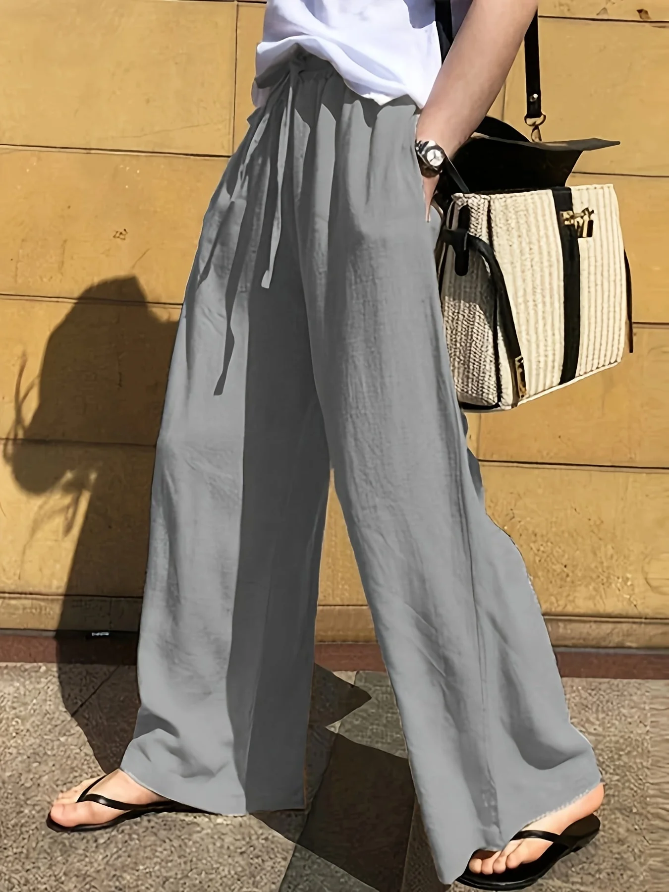 Pantalon large femme style décontracté chic avec taille à cordon – Idéal pour le printemps et l'été - Image 2