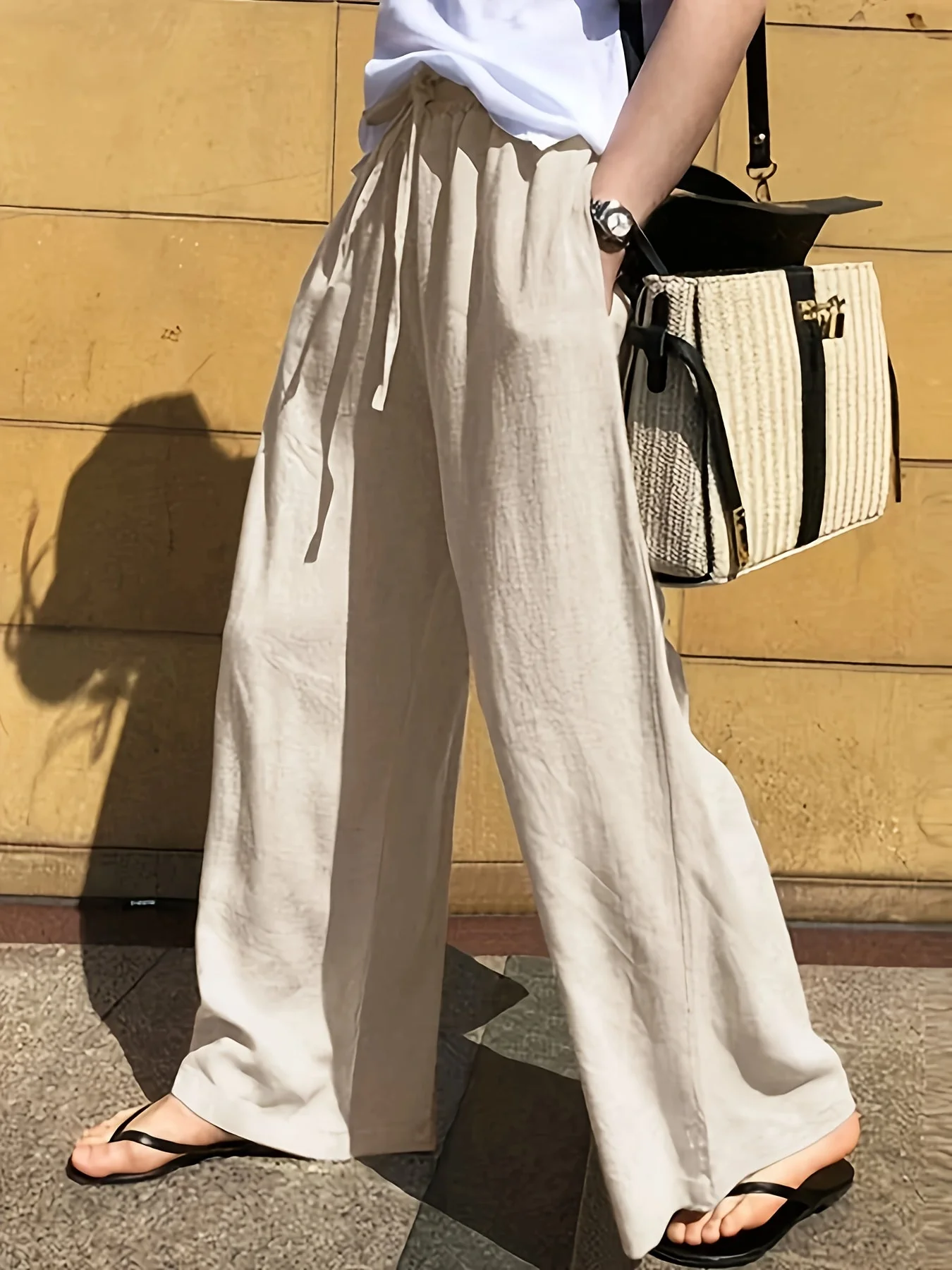 Pantalon large femme style décontracté chic avec taille à cordon – Idéal pour le printemps et l'été - Image 4