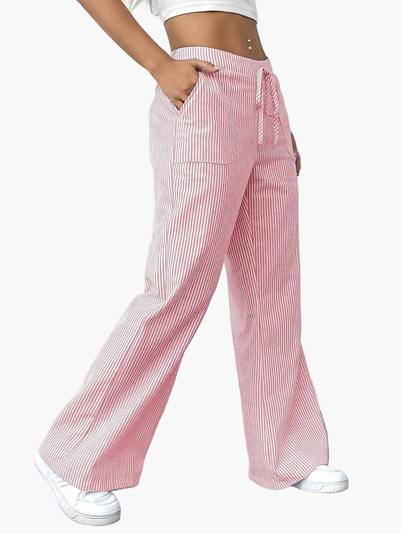 Pantalon large femme style décontracté à rayures pour le printemps et l'été - Image 3