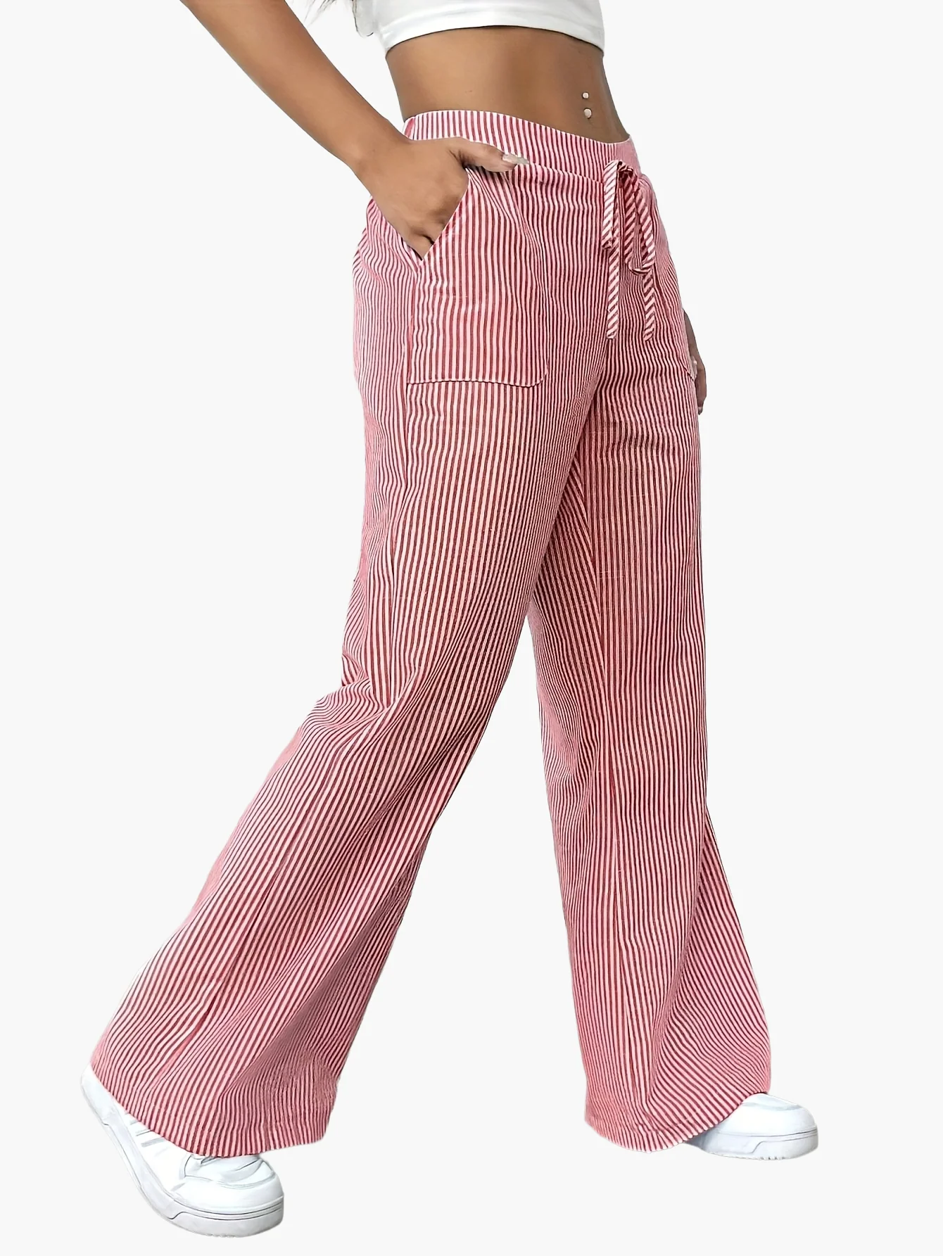 Pantalon large femme style décontracté à rayures pour le printemps et l'été - Image 4