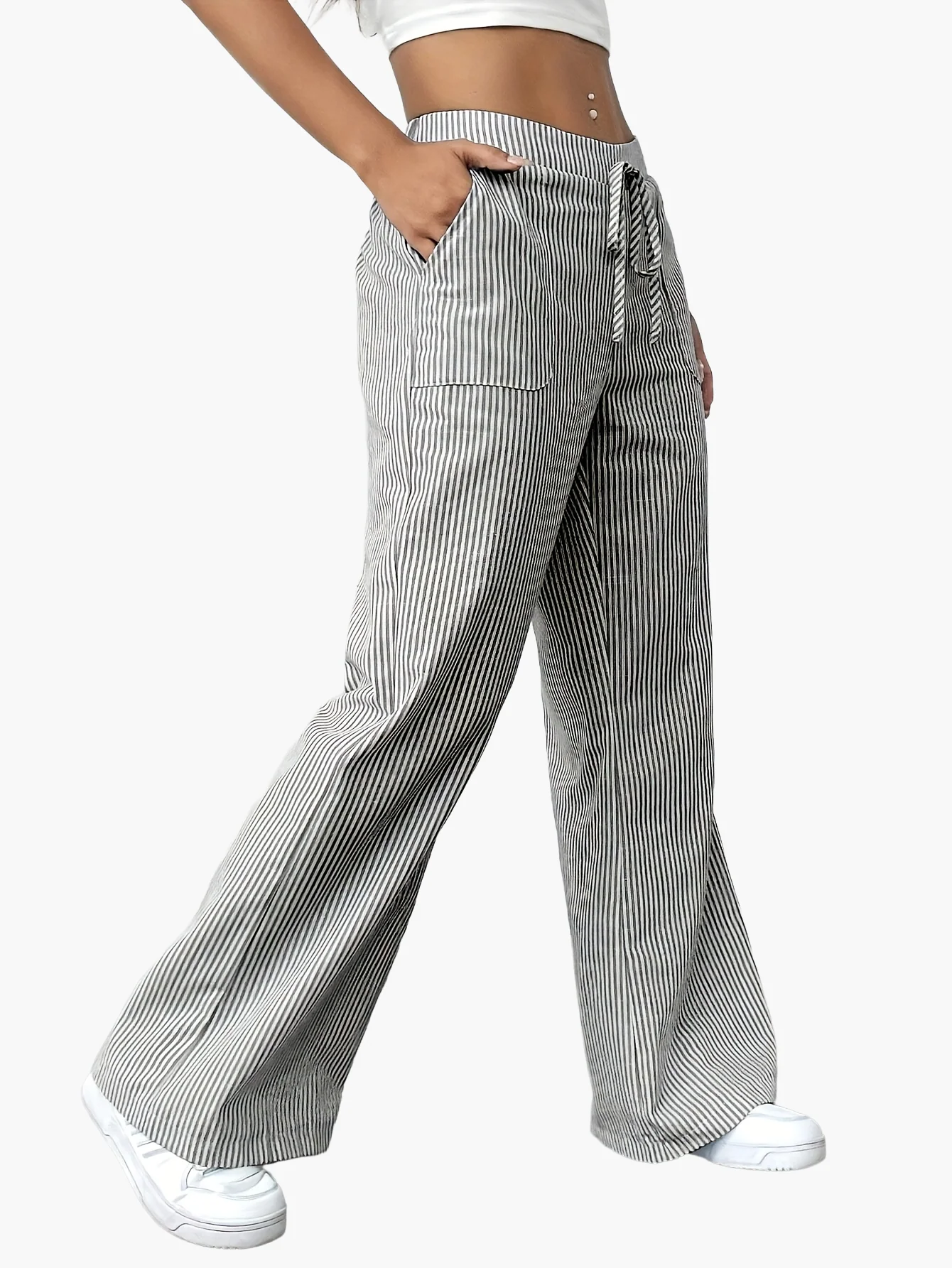 Pantalon large femme style décontracté à rayures pour le printemps et l'été - Image 5
