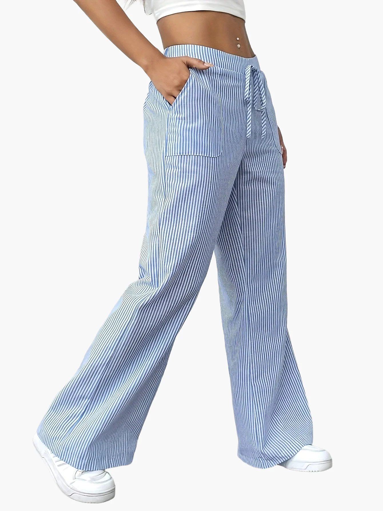 Pantalon large femme style décontracté à rayures pour le printemps et l'été - Image 7