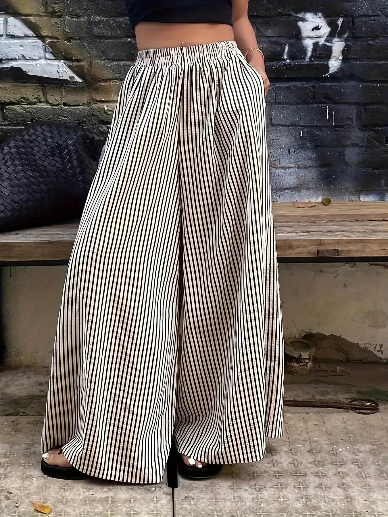 Pantalon large à rayures pour femme, style élégant et décontracté, idéal pour le printemps et l'été - Image 2