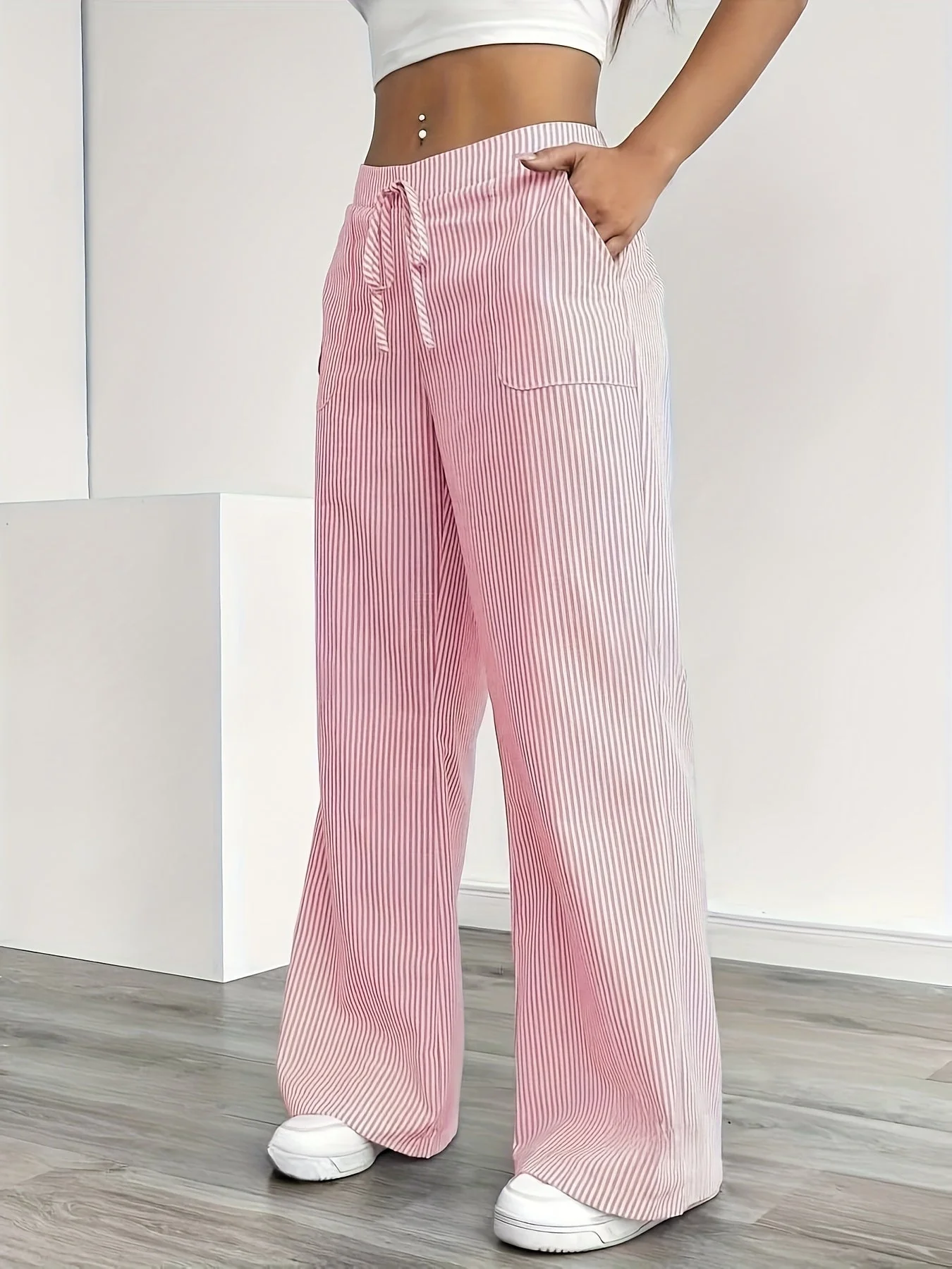 Pantalon large à rayures style décontracté pour femme, idéal pour les week-ends et l'été - Image 10