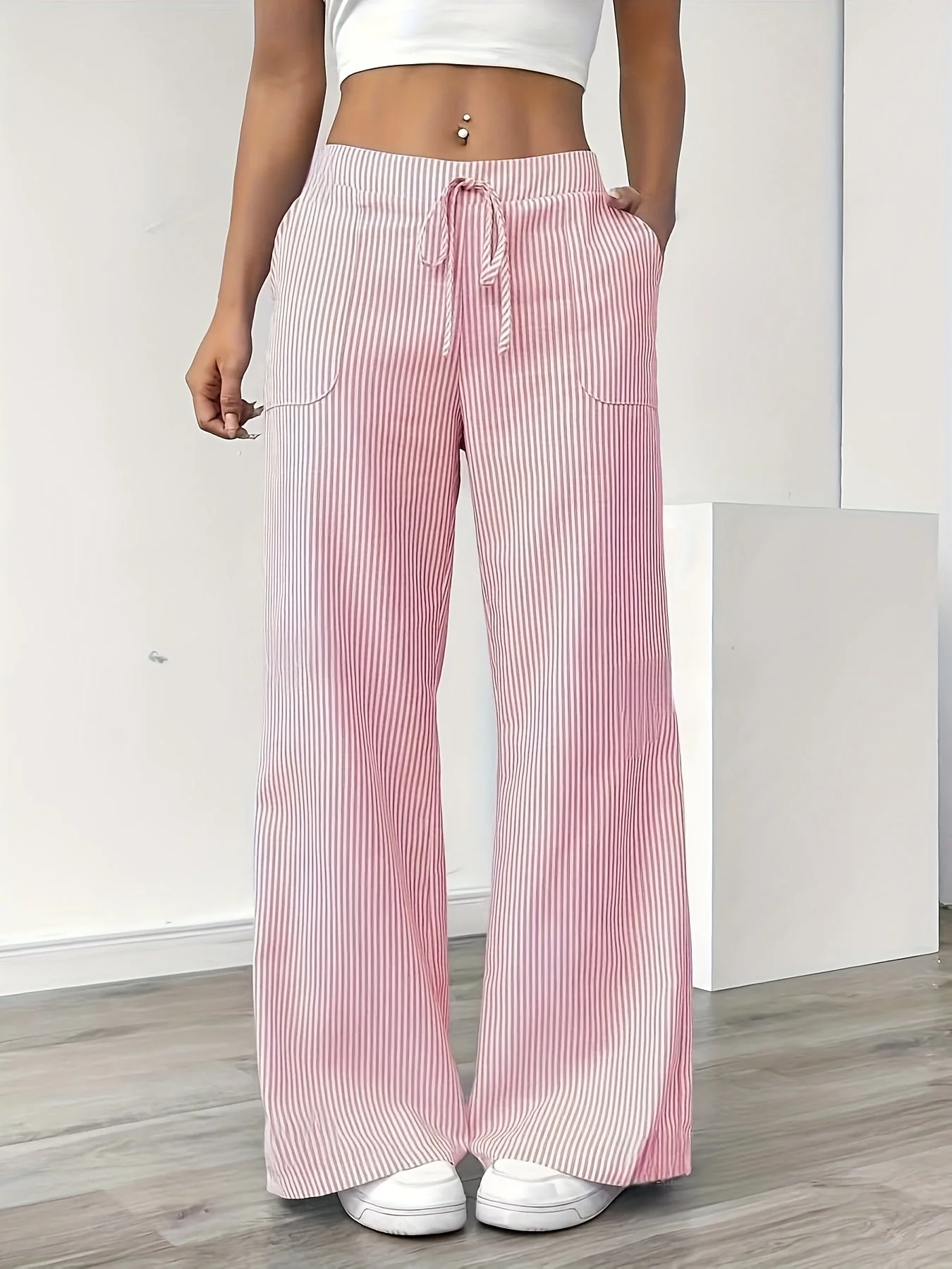Pantalon large à rayures style décontracté pour femme, idéal pour les week-ends et l'été - Image 2