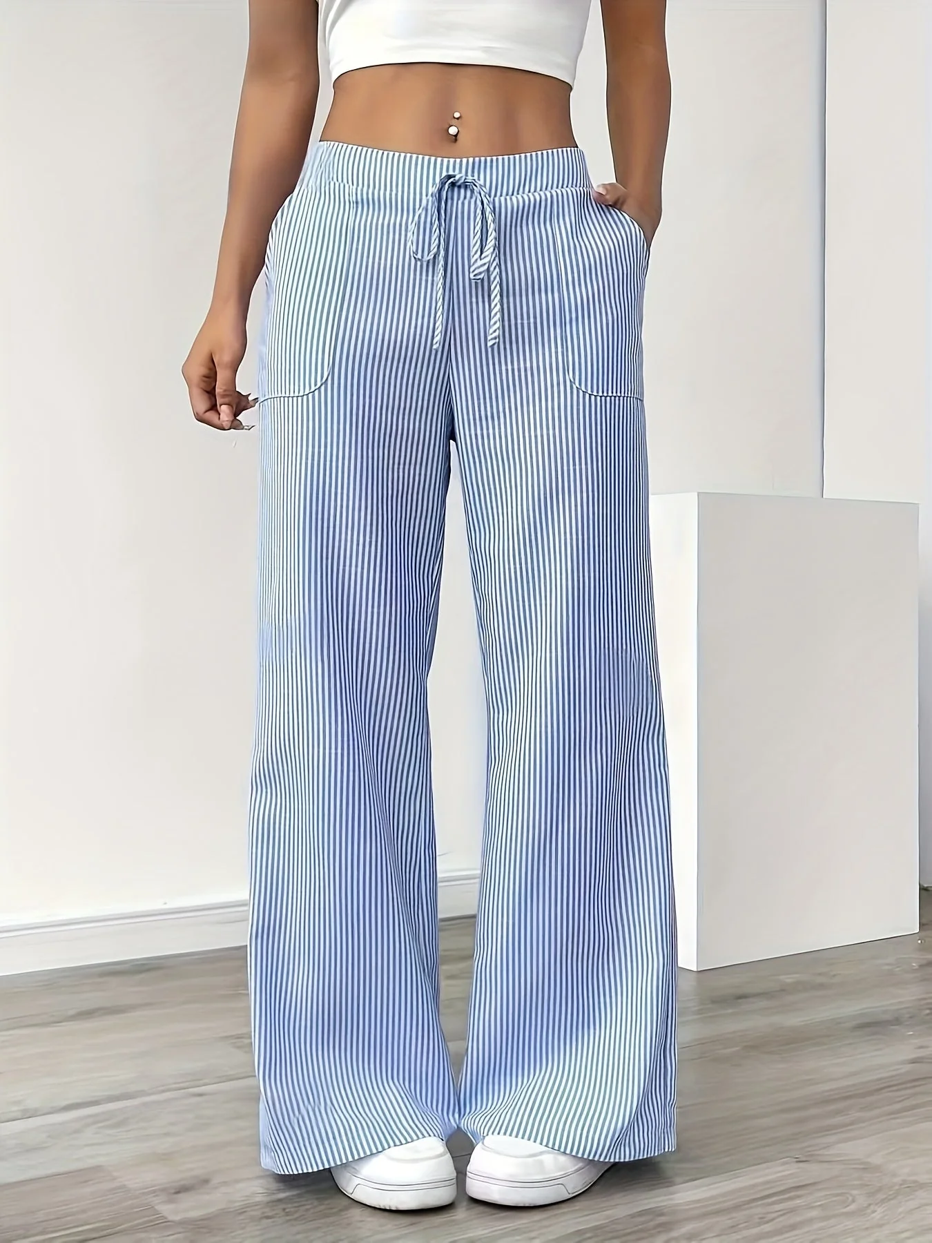 Pantalon large à rayures style décontracté pour femme, idéal pour les week-ends et l'été - Image 3