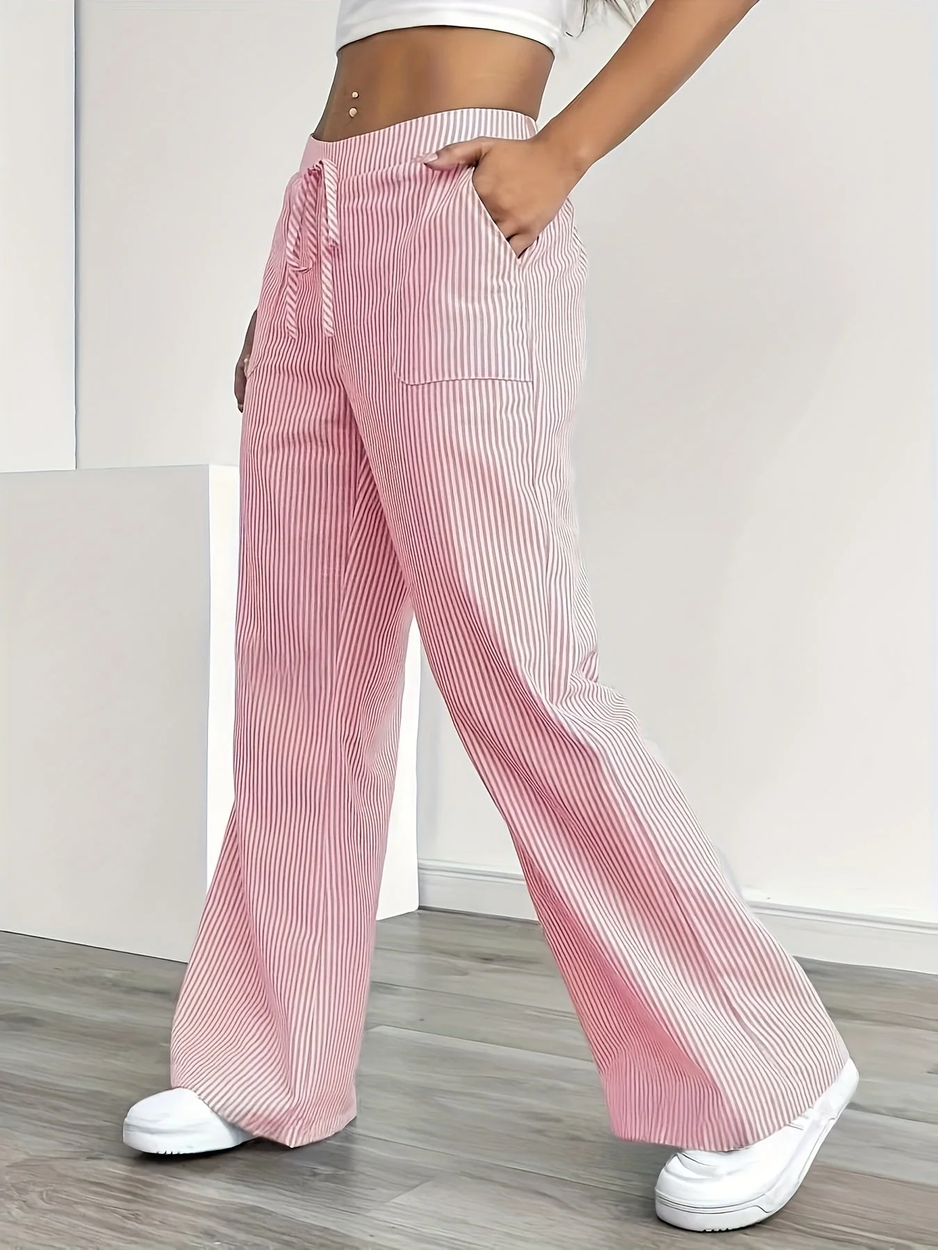 Pantalon large à rayures style décontracté pour femme, idéal pour les week-ends et l'été - Image 7