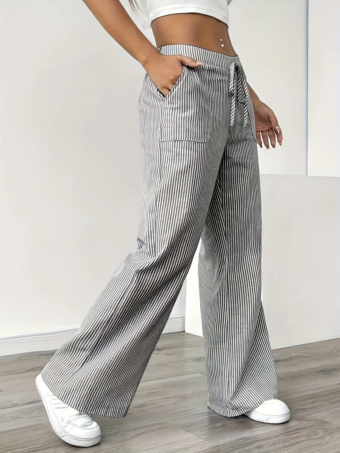Pantalon large à rayures style décontracté pour femme, idéal pour les week-ends et l'été - Image 9