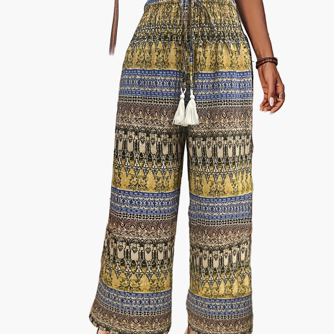 Pantalon large style bohème pour femme, imprimé géométrique, taille élastique, idéal vacances et été - Image 10