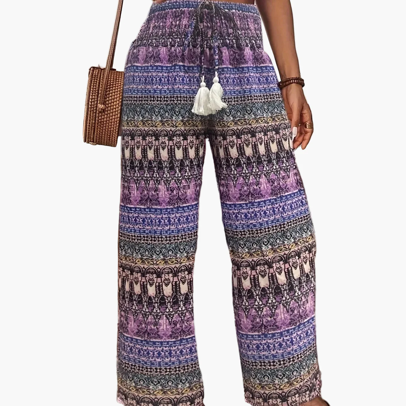 Pantalon large style bohème pour femme, imprimé géométrique, taille élastique, idéal vacances et été - Image 11