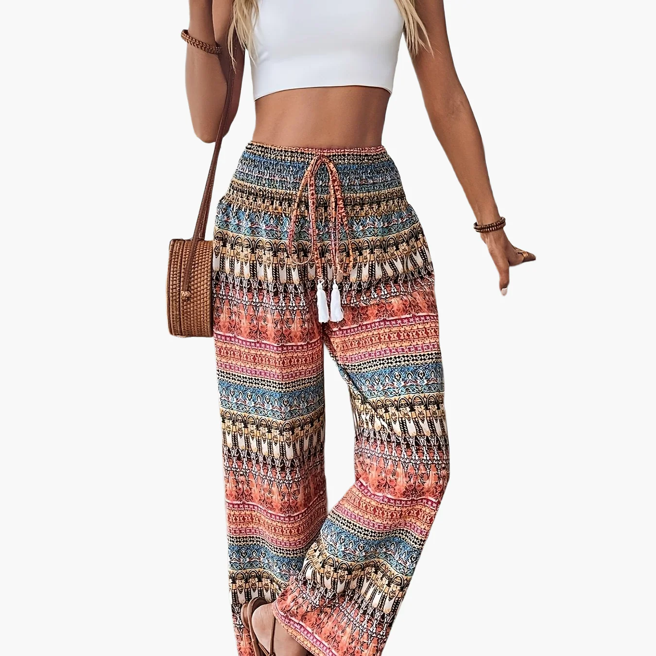 Pantalon large style bohème pour femme, imprimé géométrique, taille élastique, idéal vacances et été - Image 12