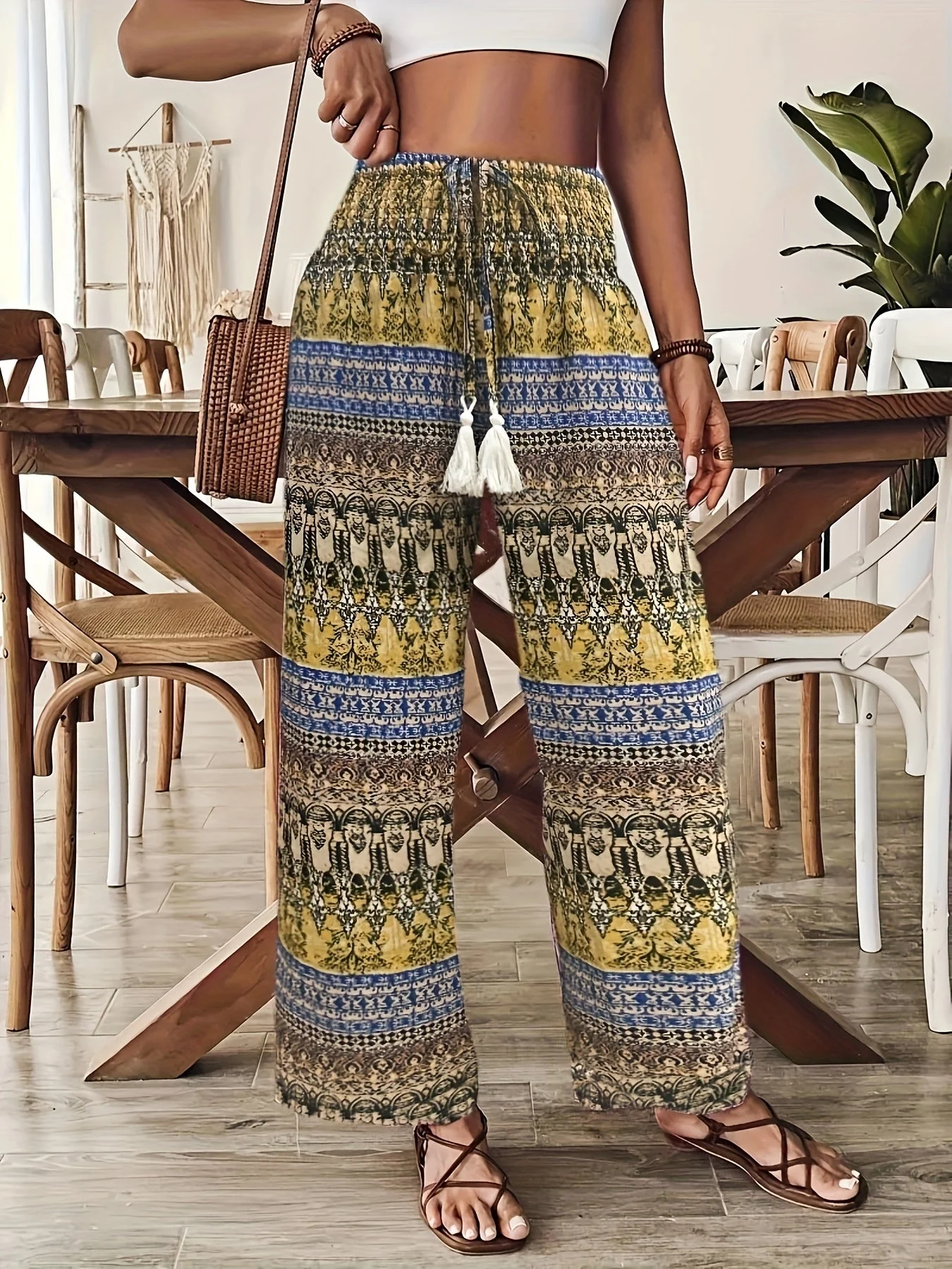 Pantalon large style bohème pour femme, imprimé géométrique, taille élastique, idéal vacances et été - Image 5