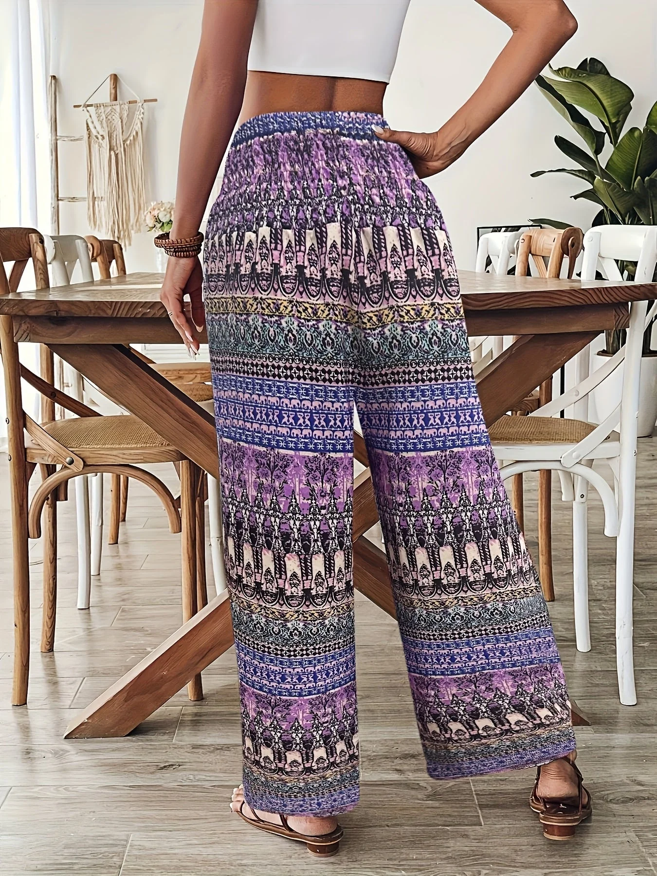 Pantalon large style bohème pour femme, imprimé géométrique, taille élastique, idéal vacances et été - Image 6