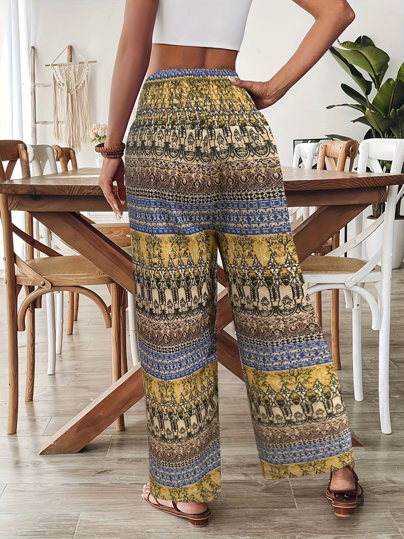 Pantalon large style bohème pour femme, imprimé géométrique, taille élastique, idéal vacances et été - Image 8