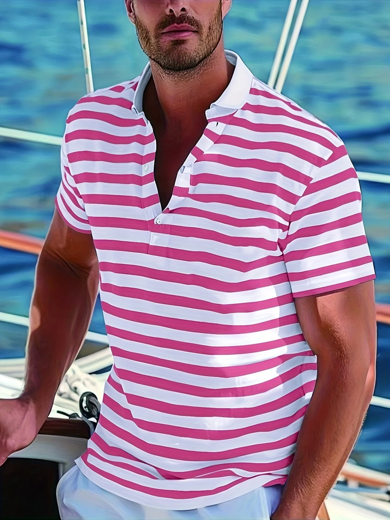 Polo marin à rayures homme style casual pour l'été - Image 3