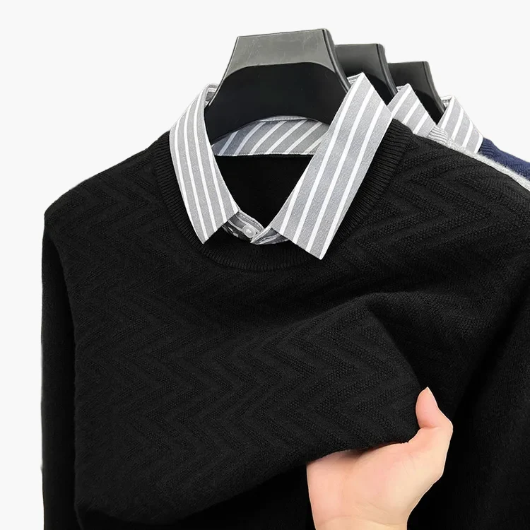 Pull col chemise effet superposé pour homme, style décontracté chic, idéal bureau et quotidien - Image 2