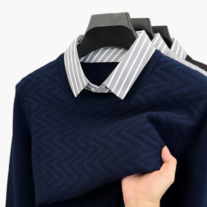 Pull col chemise effet superposé pour homme, style décontracté chic, idéal bureau et quotidien - Image 3