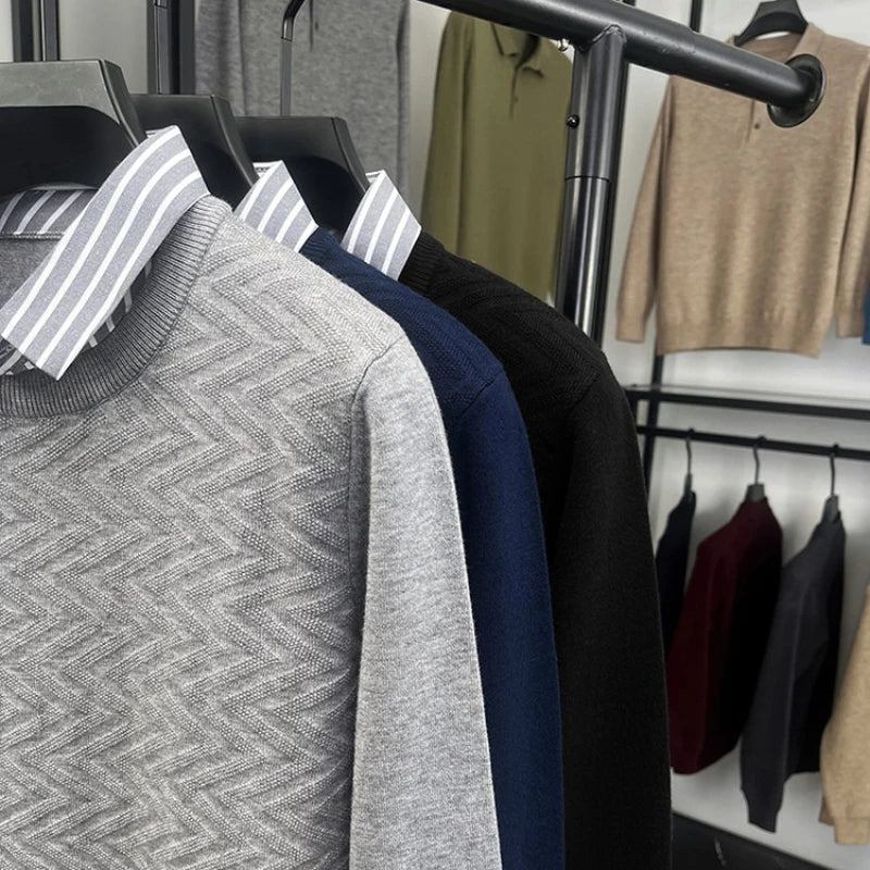Pull col chemise effet superposé pour homme, style décontracté chic, idéal bureau et quotidien - Image 4