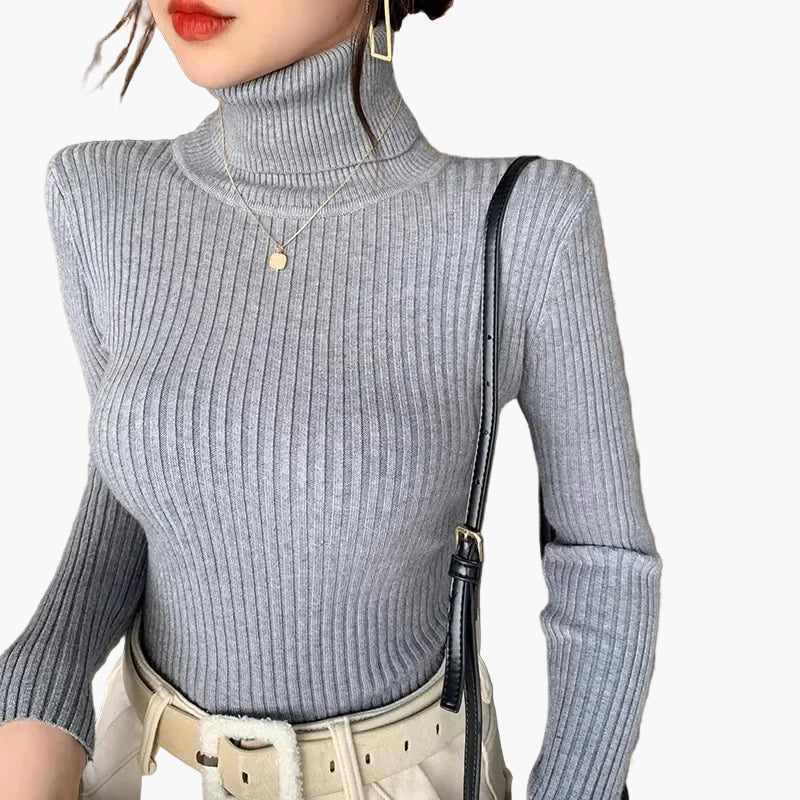 Pull col roulé côtelé à manches longues pour femme - Style élégant et polyvalent - Image 4