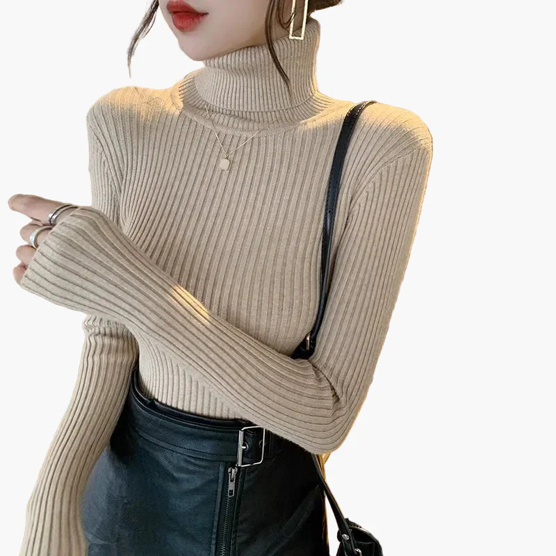 Pull col roulé côtelé à manches longues pour femme - Style élégant et polyvalent - Image 8