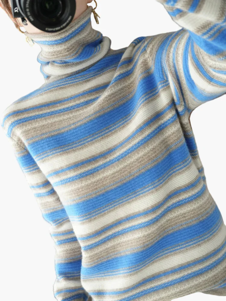 Pull à Col Roulé Femme Style Vintage Rayé Idéal pour l'Hiver et le Quotidien - Image 2