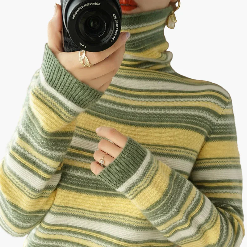 Pull à Col Roulé Femme Style Vintage Rayé Idéal pour l'Hiver et le Quotidien - Image 3