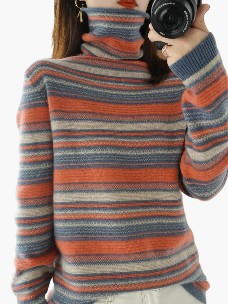 Pull à Col Roulé Femme Style Vintage Rayé Idéal pour l'Hiver et le Quotidien - Image 4