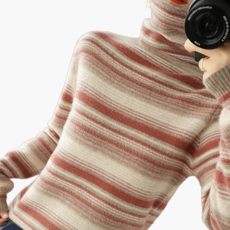 Pull à Col Roulé Femme Style Vintage Rayé Idéal pour l'Hiver et le Quotidien - Image 7