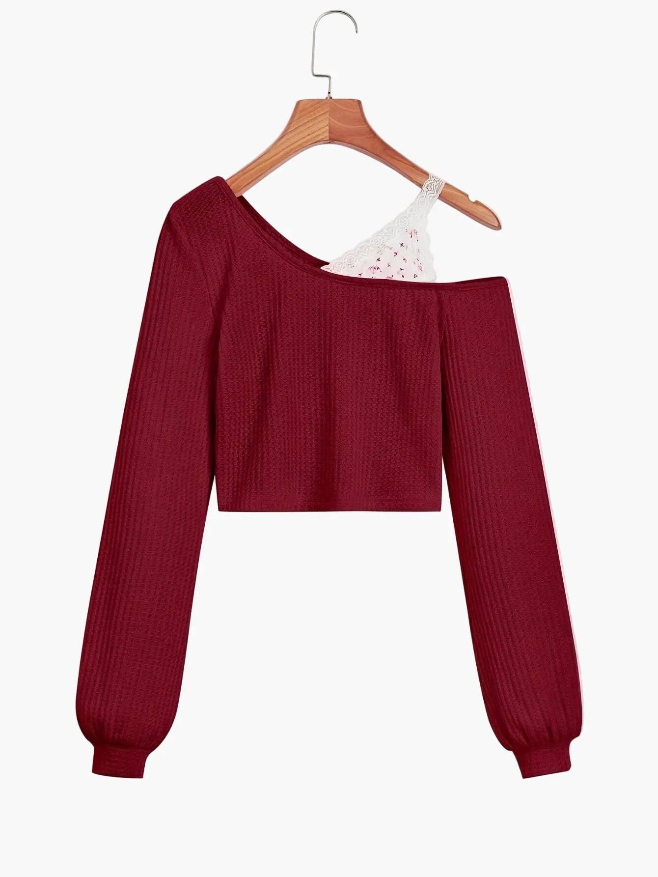 Pull court femme style asymétrique à épaule dénudée avec détail dentelle – Mode décontractée tendance - Image 2