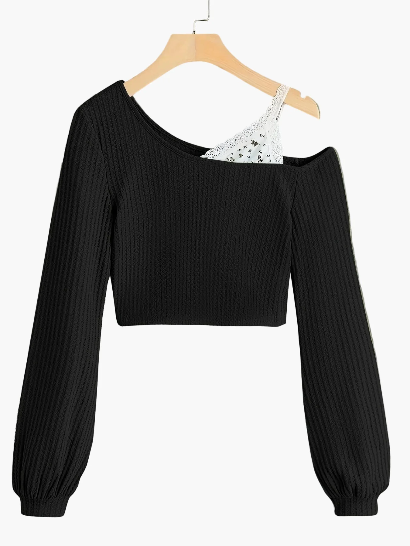 Pull court femme style asymétrique à épaule dénudée avec détail dentelle – Mode décontractée tendance - Image 3