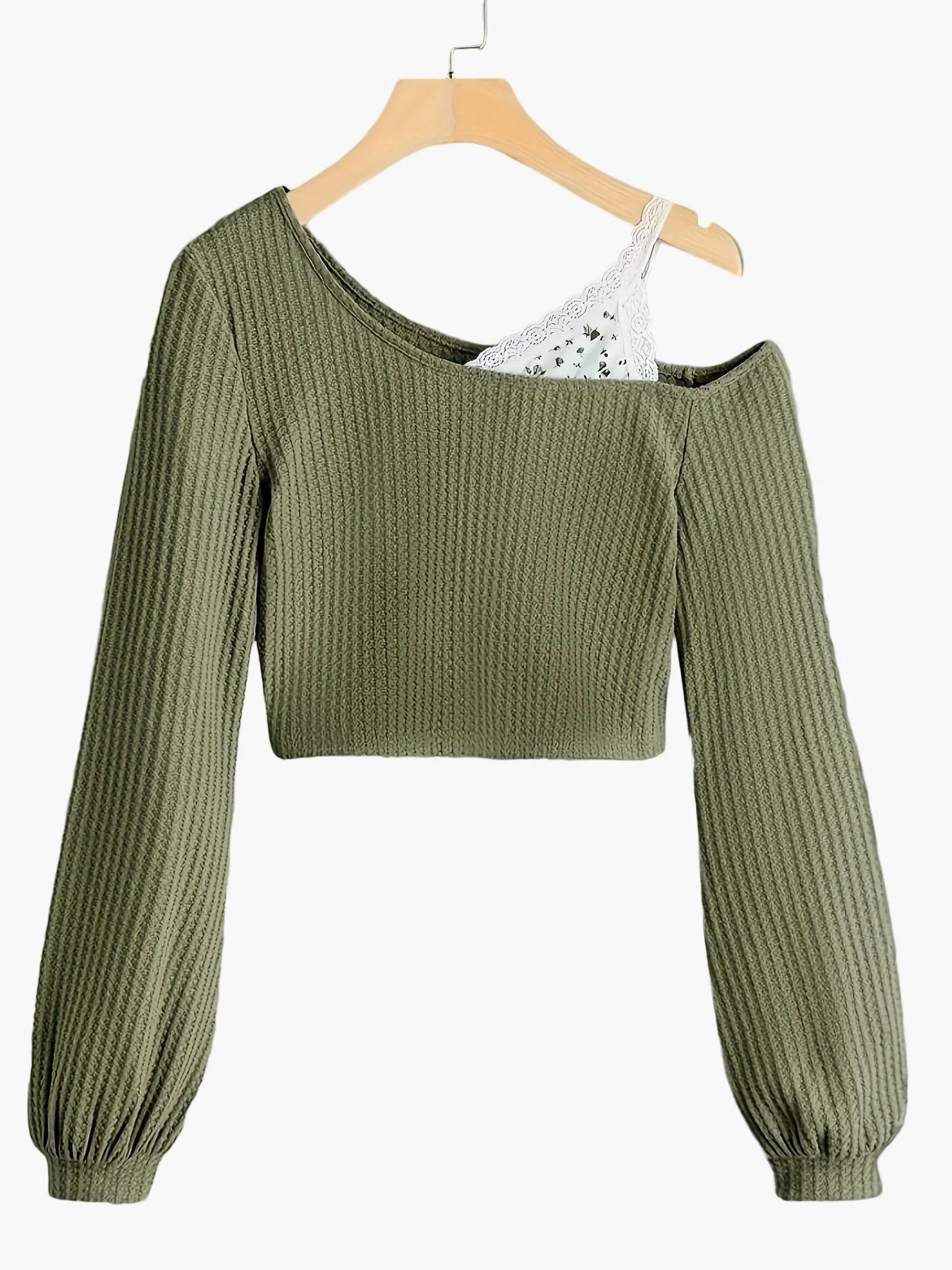Pull court femme style asymétrique à épaule dénudée avec détail dentelle – Mode décontractée tendance - Image 4