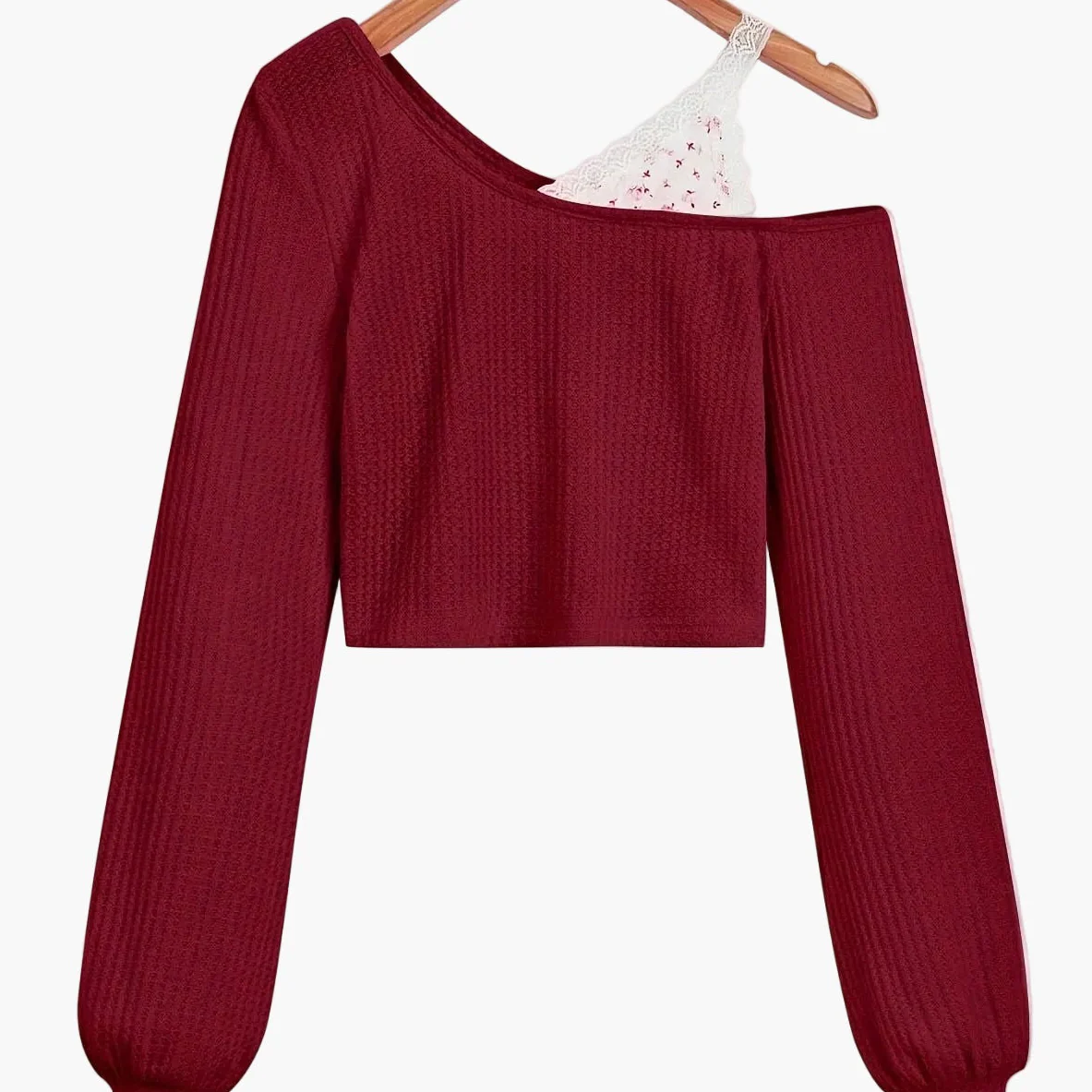 Pull court femme style asymétrique à épaule dénudée avec détail dentelle – Mode décontractée tendance - Image 7