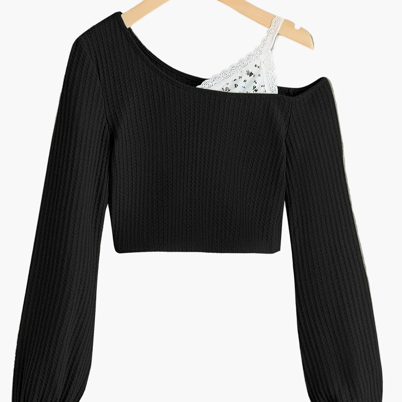 Pull court femme style asymétrique à épaule dénudée avec détail dentelle – Mode décontractée tendance - Image 8