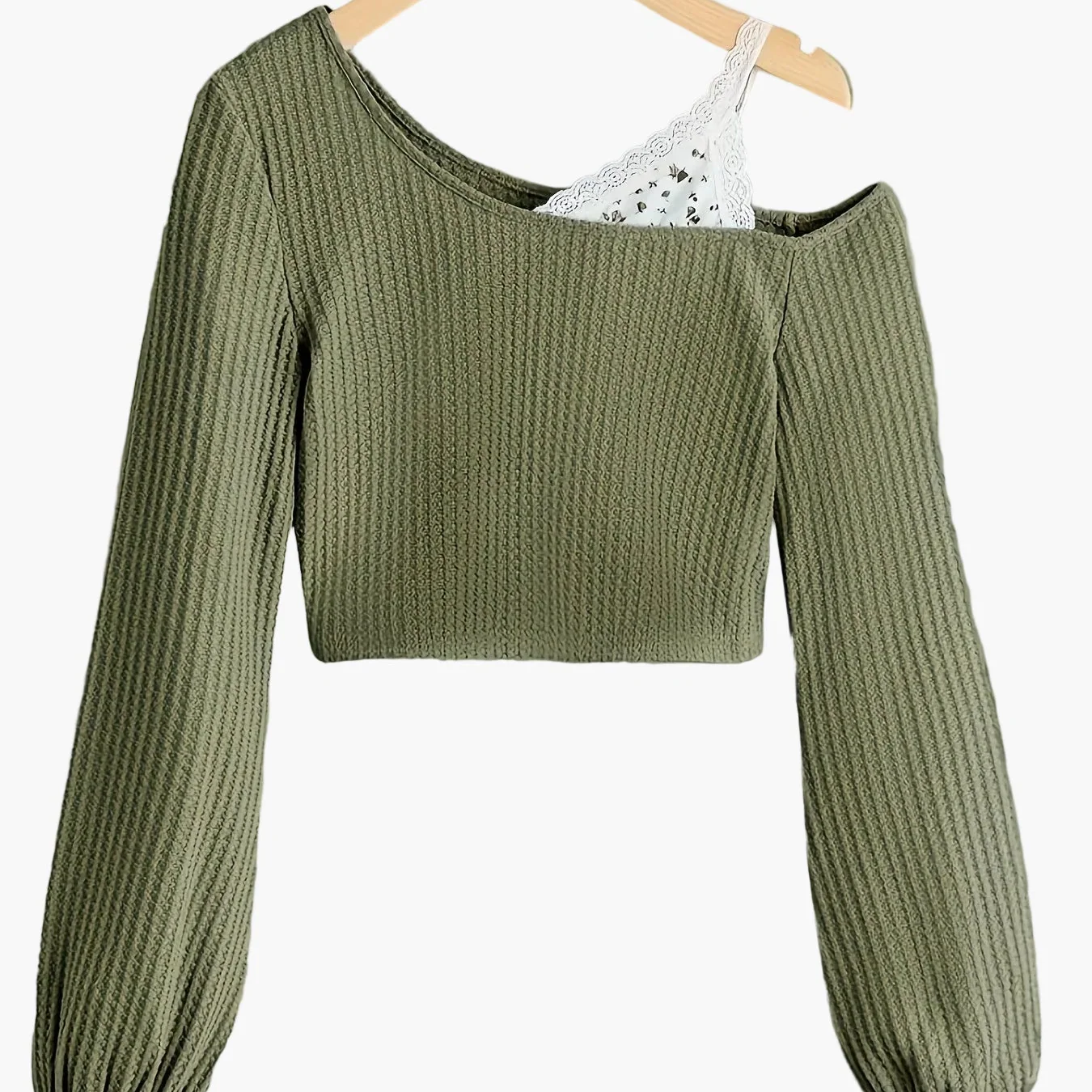 Pull court femme style asymétrique à épaule dénudée avec détail dentelle – Mode décontractée tendance - Image 9