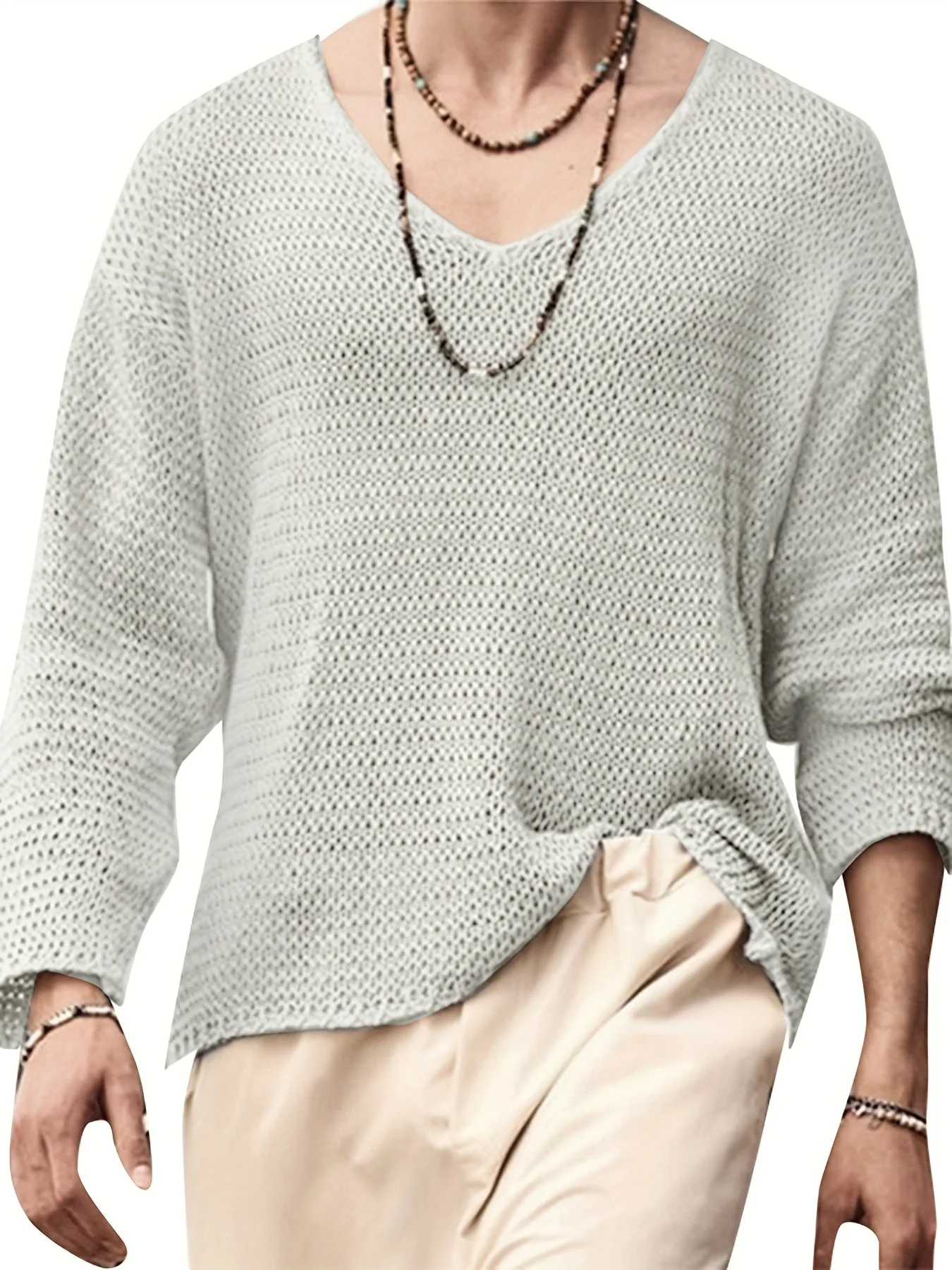 Pull décontracté à col en V pour homme style maille aérée idéal pour toutes saisons - Image 2
