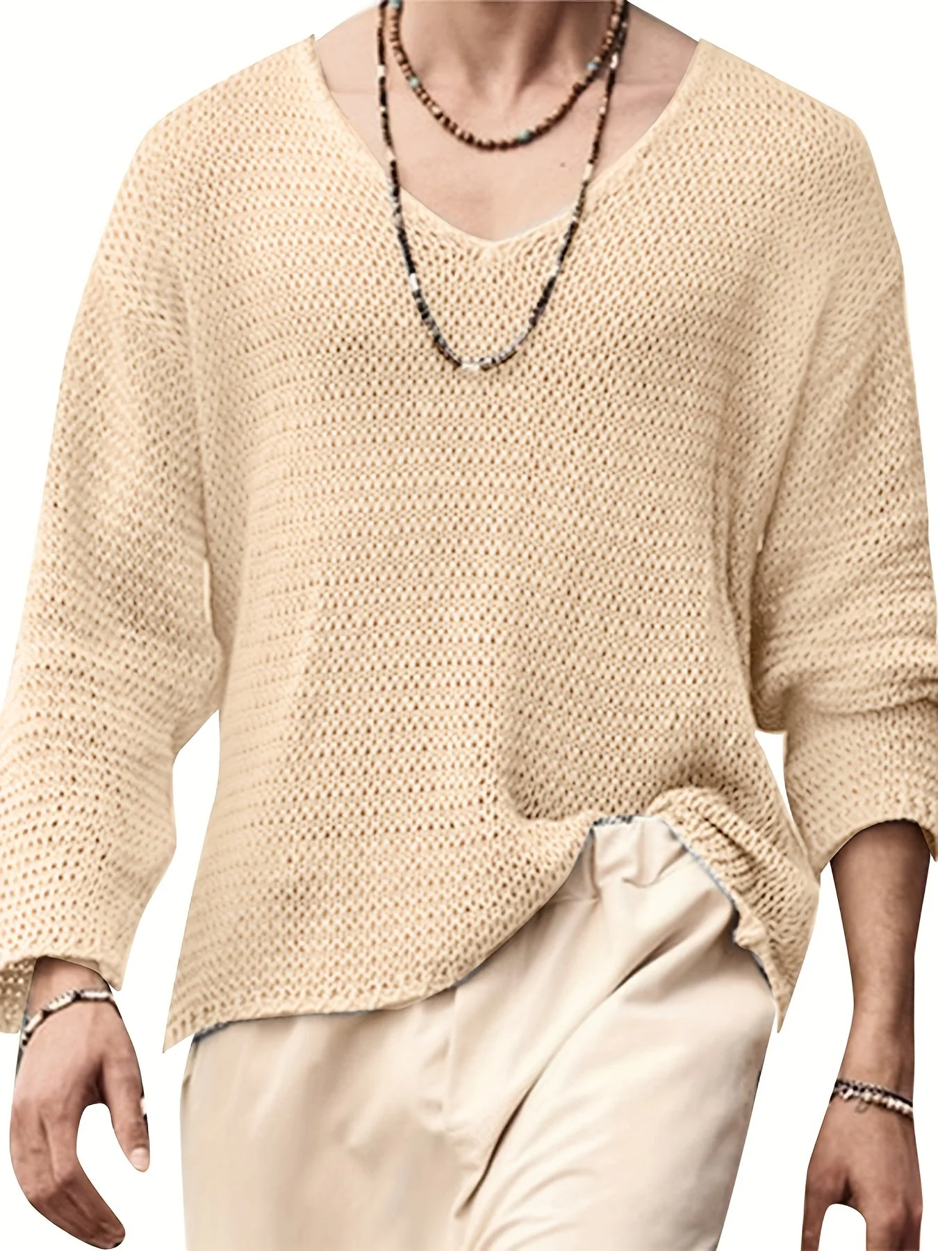 Pull décontracté à col en V pour homme style maille aérée idéal pour toutes saisons - Image 3