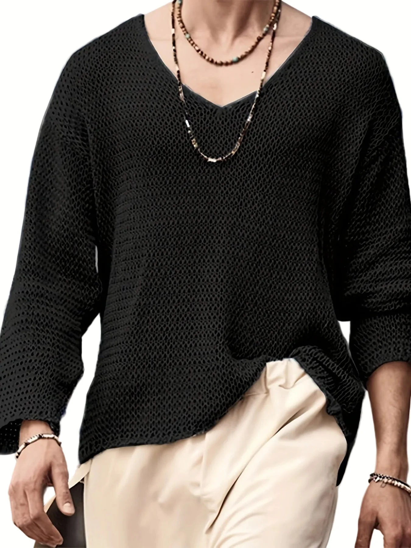 Pull décontracté à col en V pour homme style maille aérée idéal pour toutes saisons - Image 4
