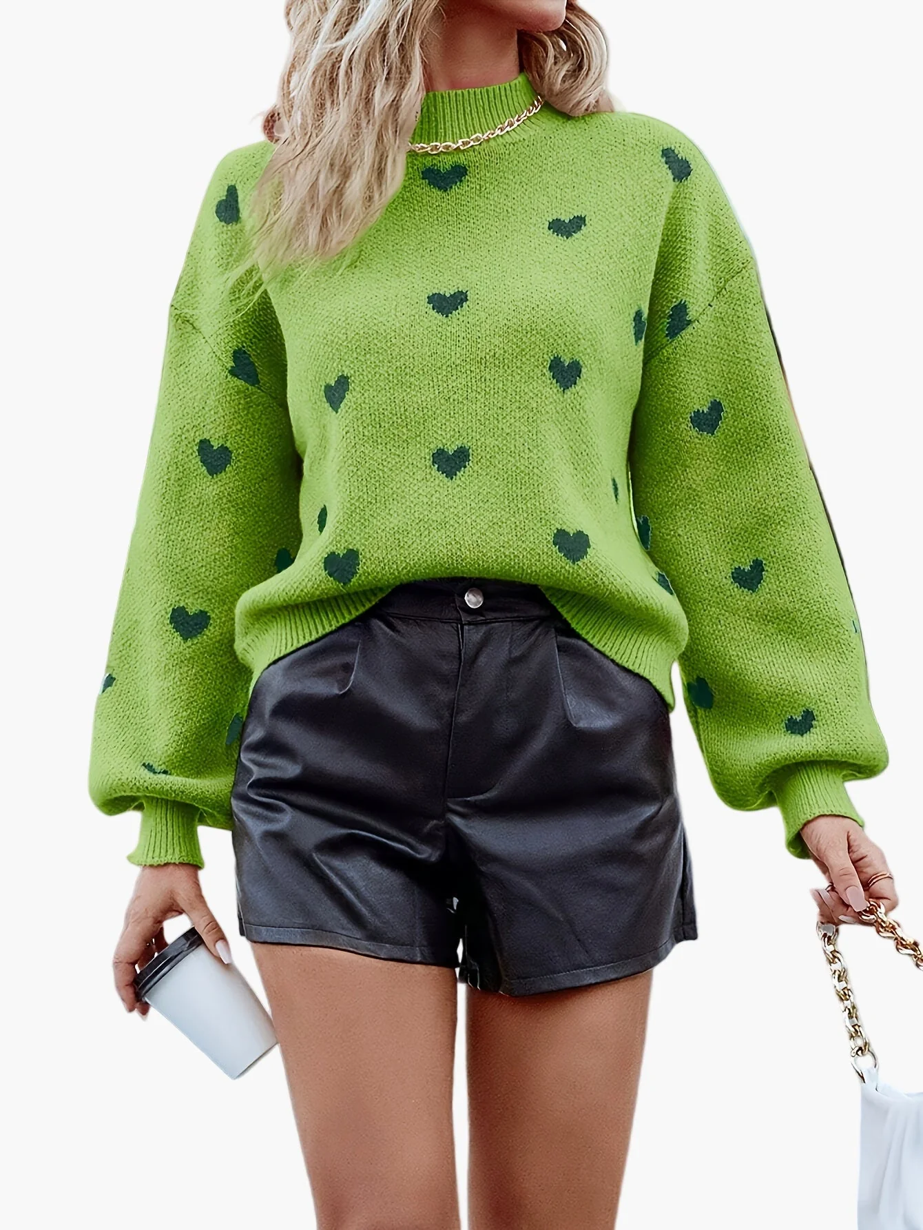 Pull décontracté à motif cœur pour femme, style automne-hiver, col montant tendance - Image 3