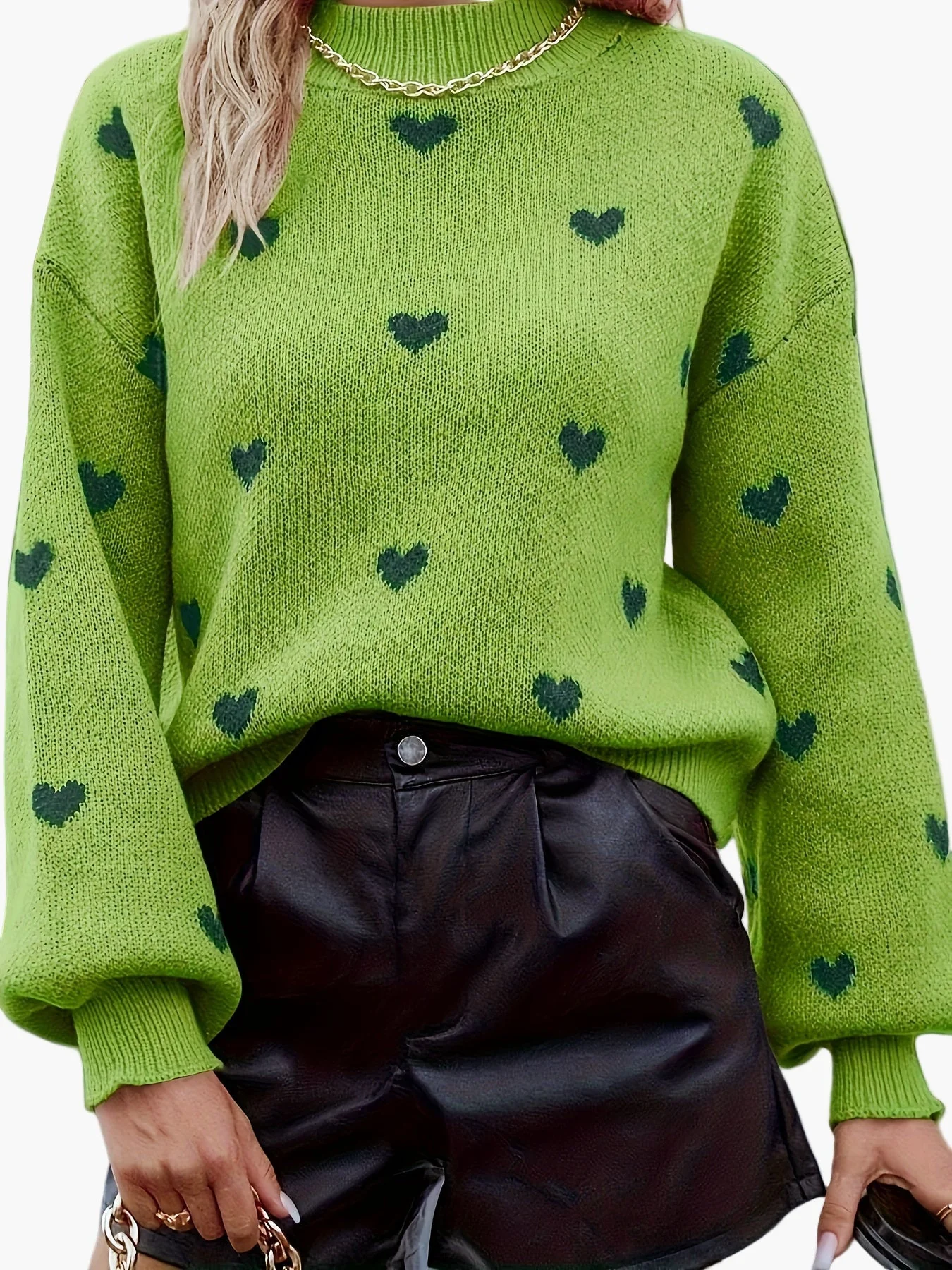Pull décontracté à motif cœur pour femme, style automne-hiver, col montant tendance - Image 4
