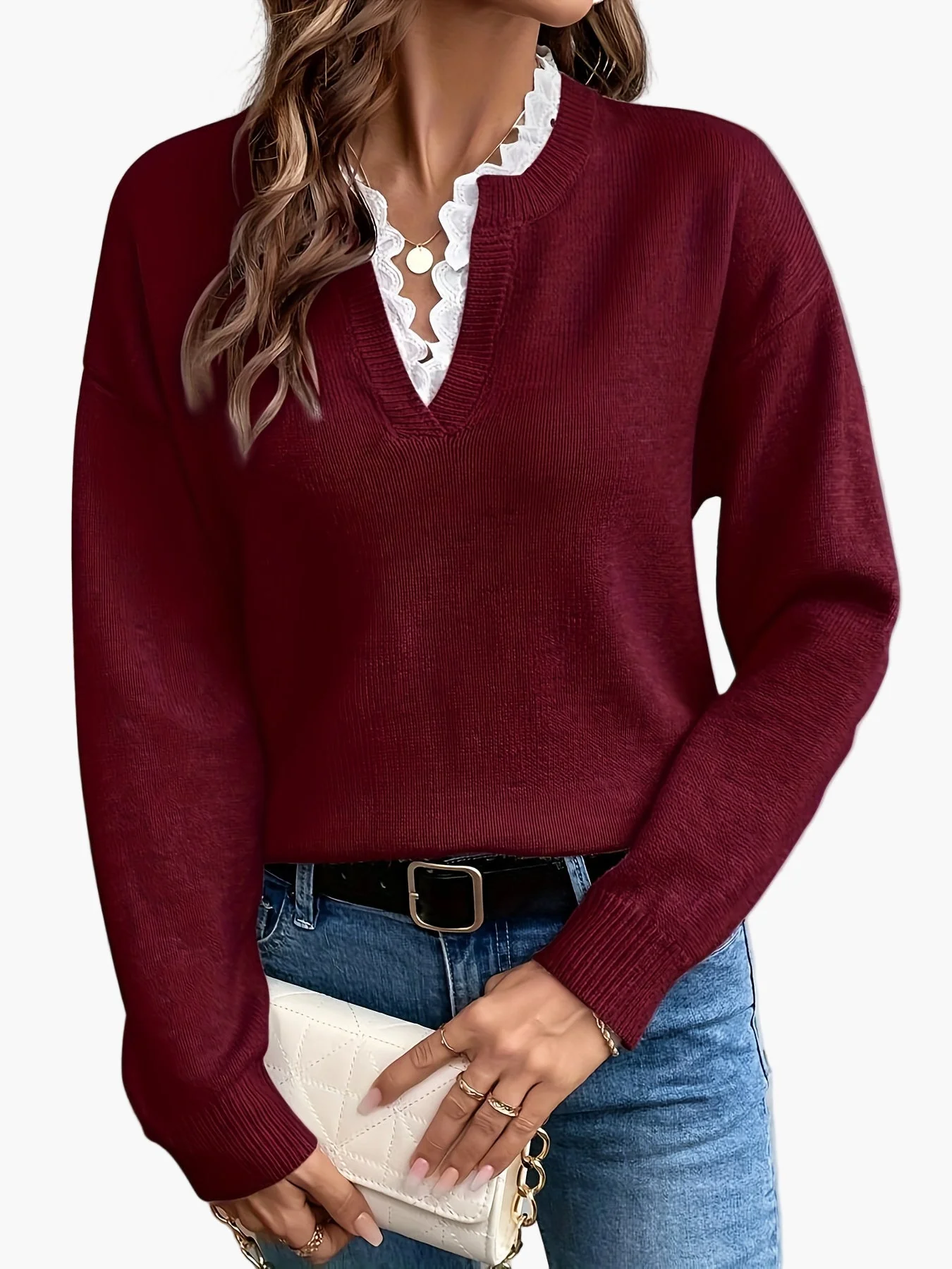 Pull élégant femme col V avec détail dentelle, manches longues, coupe ample, style casual chic pour automne/hiver - Image 10