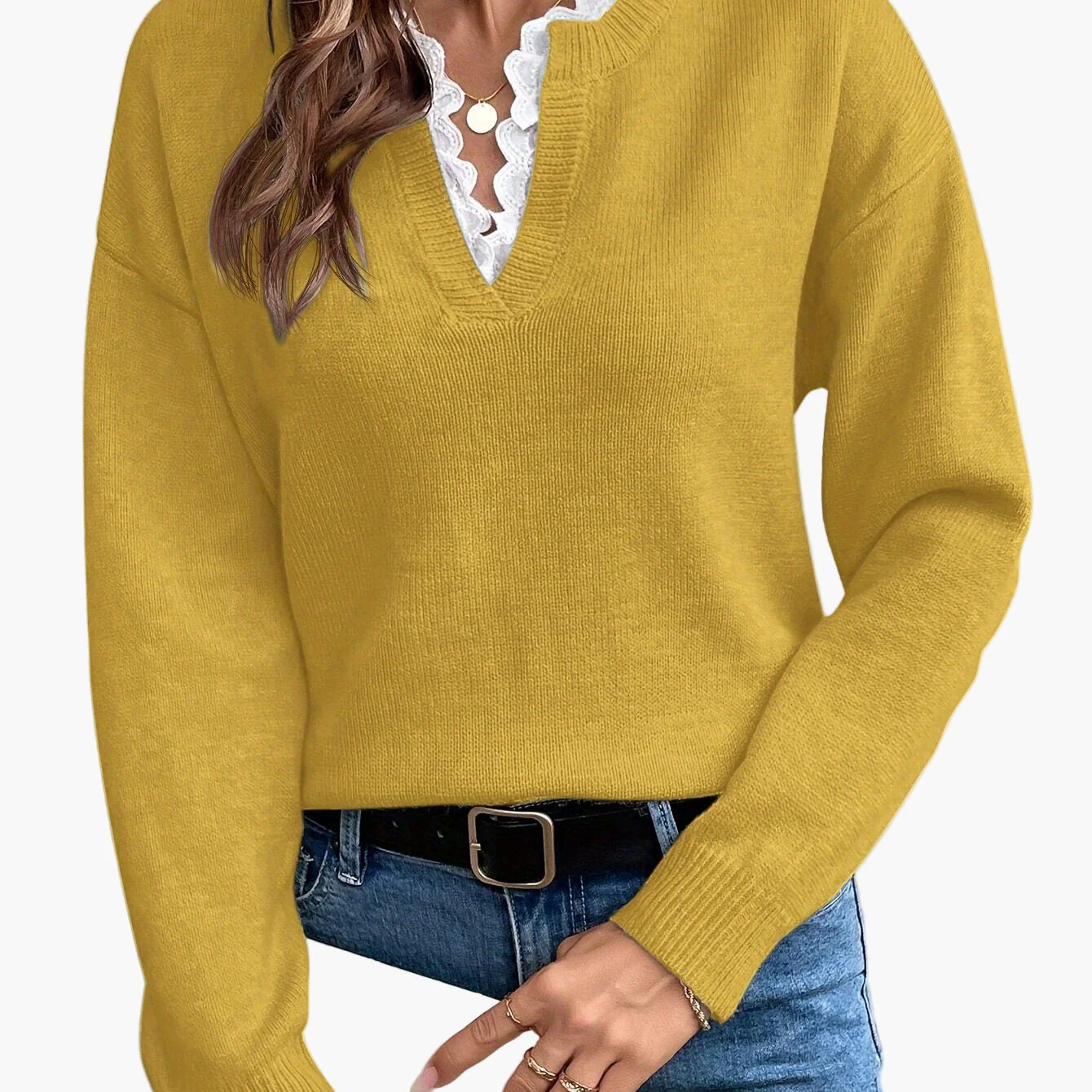 Pull élégant femme col V avec détail dentelle, manches longues, coupe ample, style casual chic pour automne/hiver - Image 12