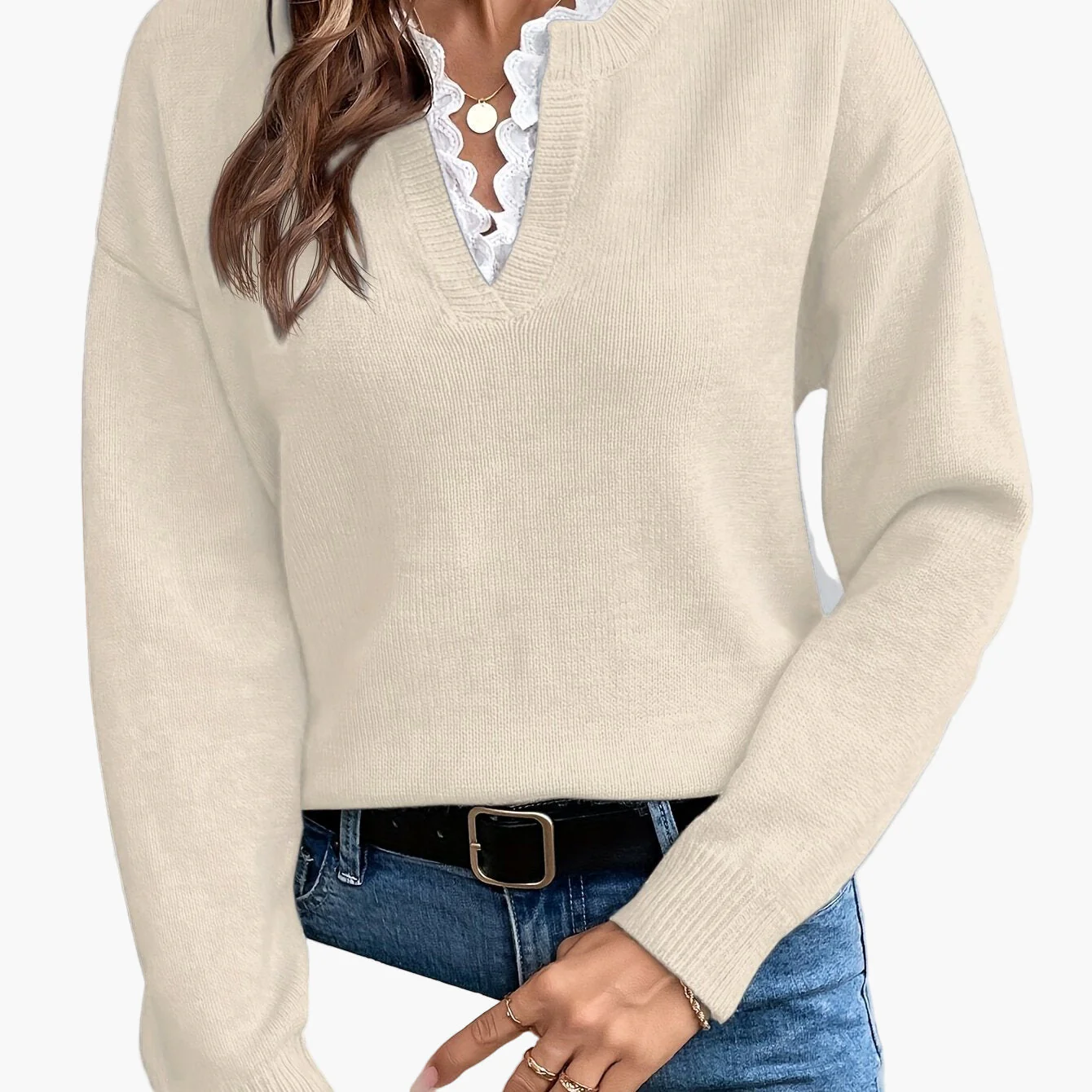 Pull élégant femme col V avec détail dentelle, manches longues, coupe ample, style casual chic pour automne/hiver - Image 14