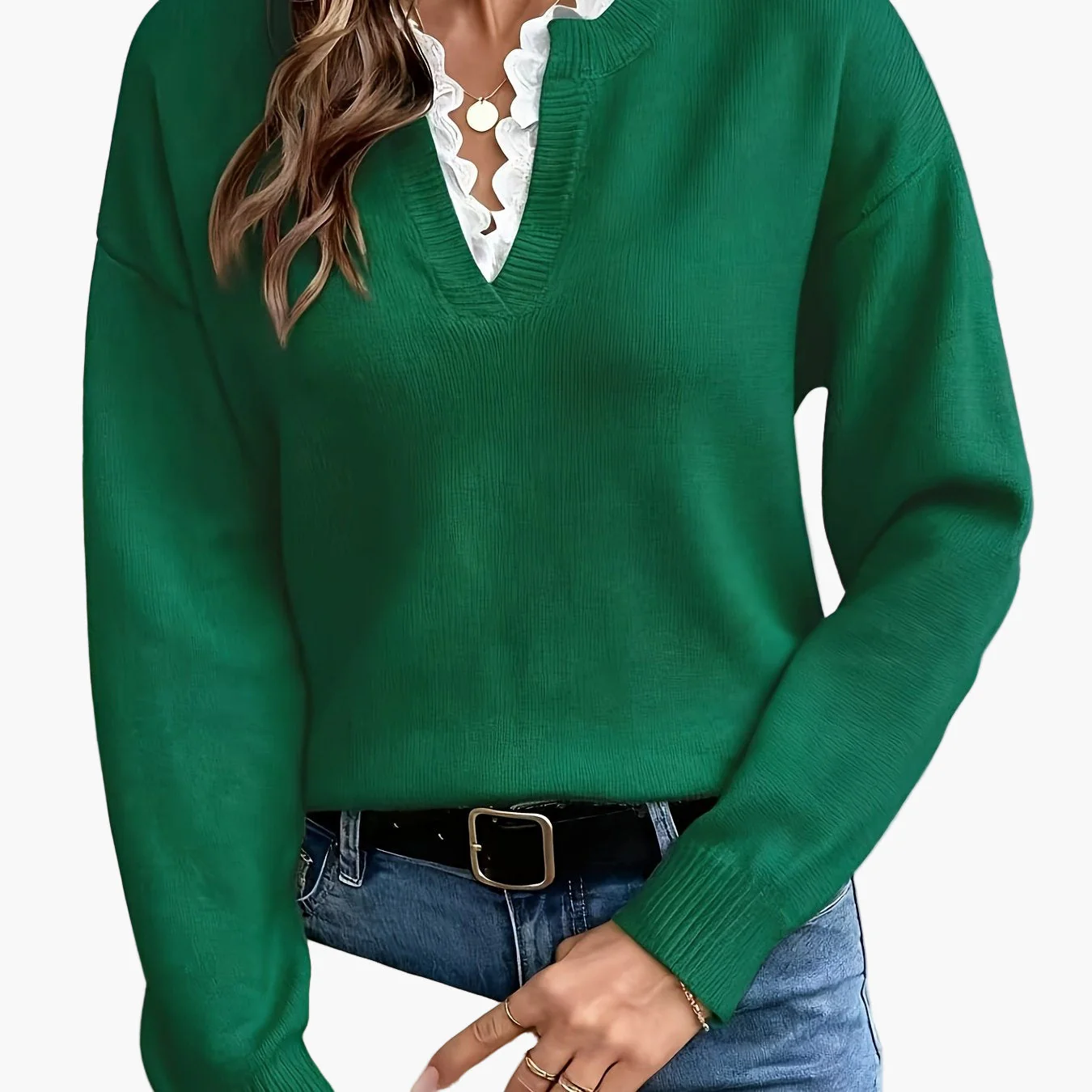 Pull élégant femme col V avec détail dentelle, manches longues, coupe ample, style casual chic pour automne/hiver - Image 16