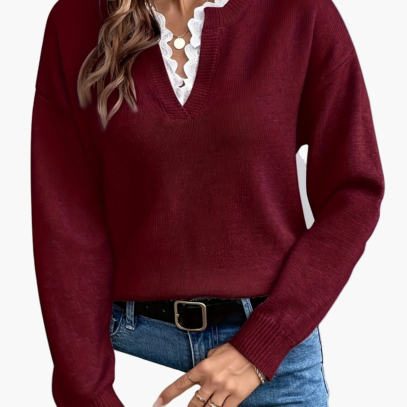 Pull élégant femme col V avec détail dentelle, manches longues, coupe ample, style casual chic pour automne/hiver - Image 17