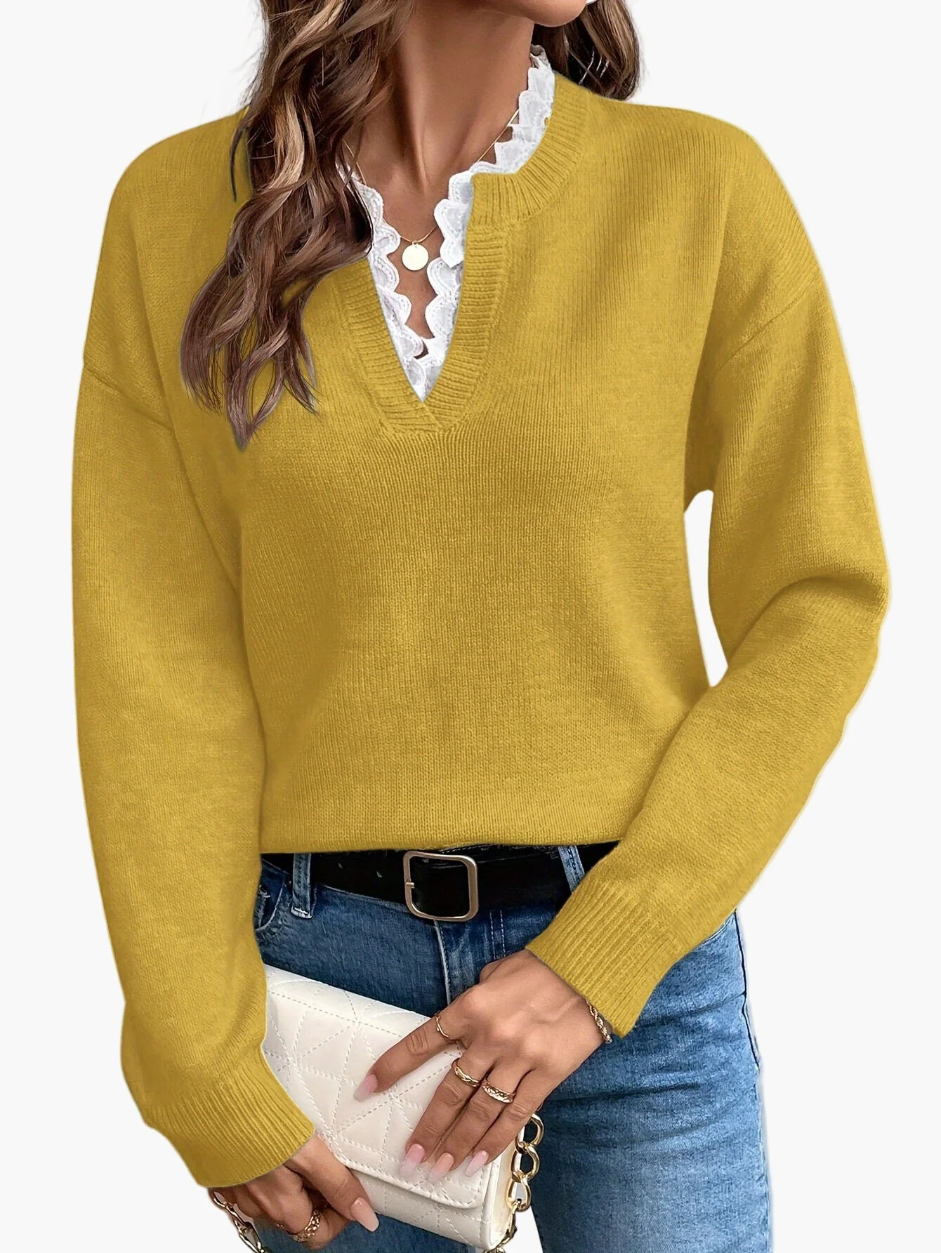 Pull élégant femme col V avec détail dentelle, manches longues, coupe ample, style casual chic pour automne/hiver - Image 3