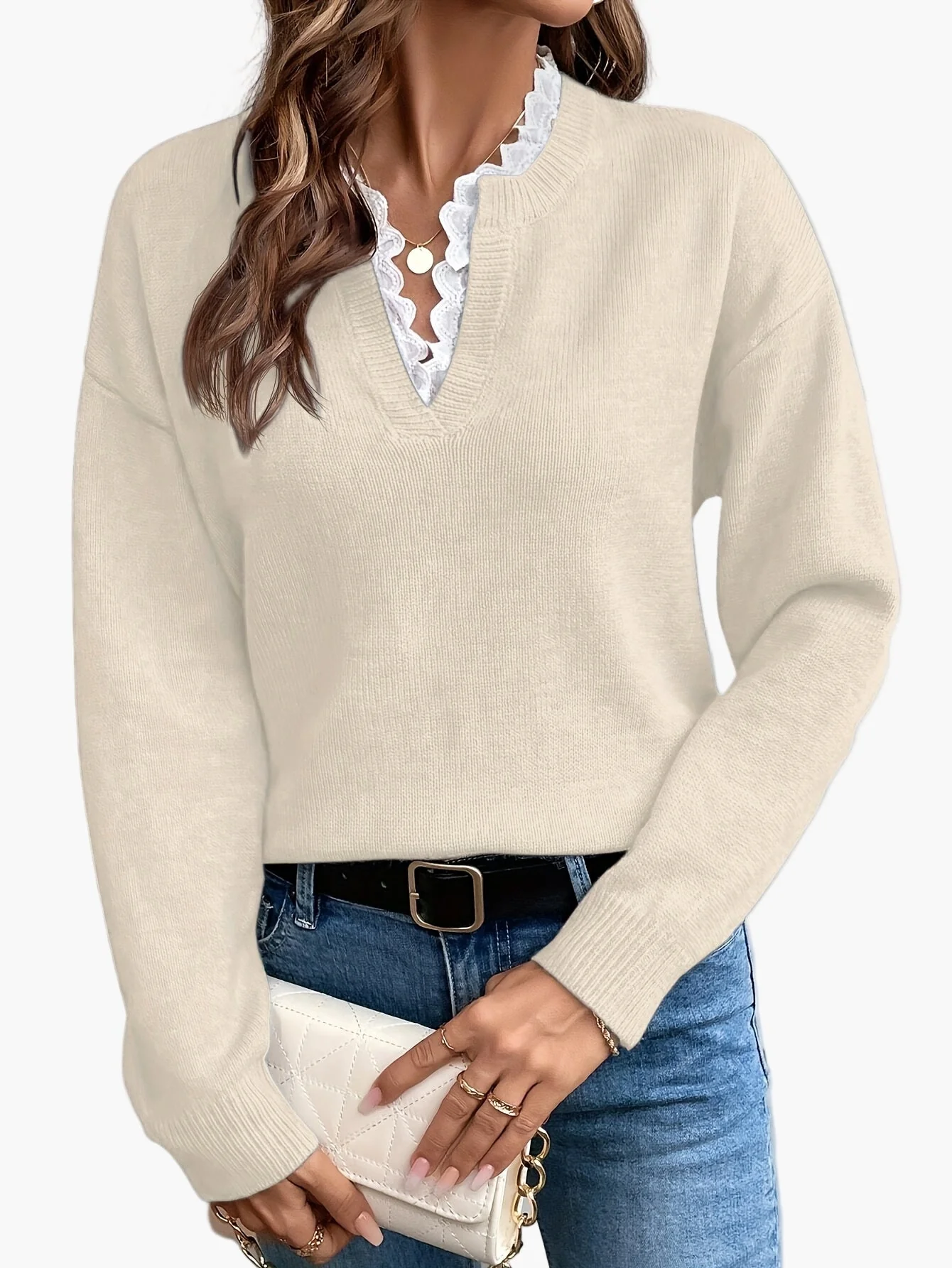Pull élégant femme col V avec détail dentelle, manches longues, coupe ample, style casual chic pour automne/hiver - Image 8