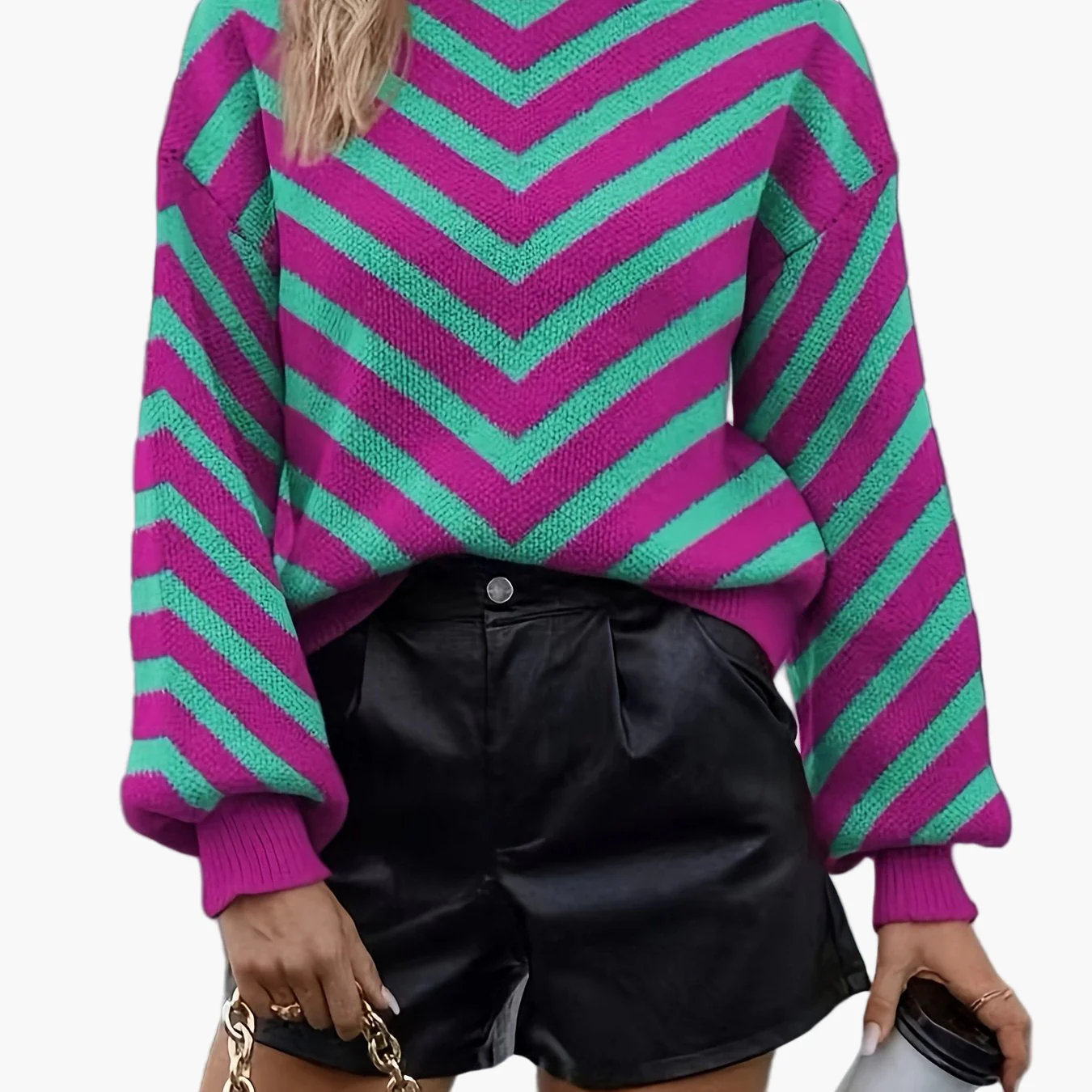 Pull élégant à rayures chevrons pour femme, style automne/hiver, manches longues, coupe décontractée - Image 10